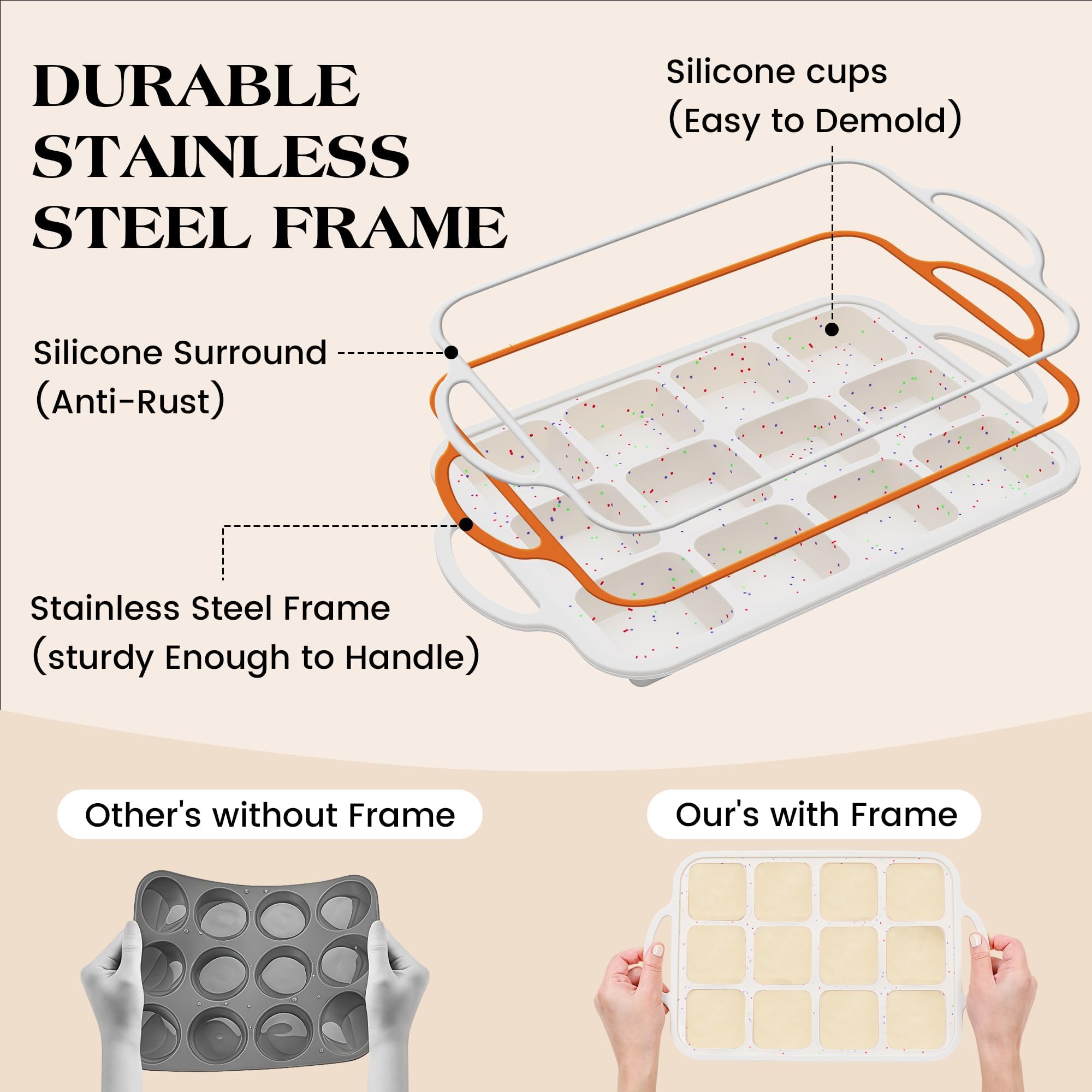 Lot de 2 mini moules à brownie carrés en silicone avec séparateurs pour la cuisson individuelle antiadhésive, 12 muffins, cupcakes avec cadre renforcé en métal (crème)
