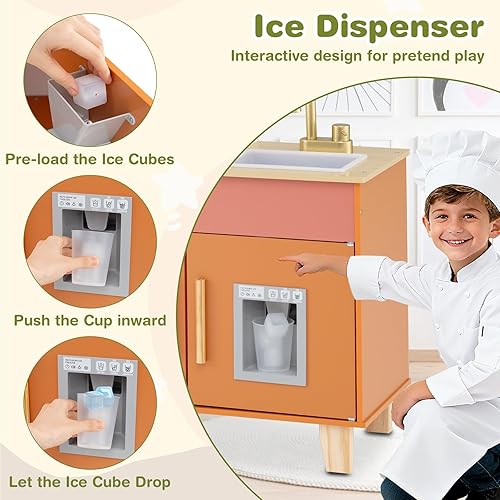 Miniatura 4 de HONEY JOY Play Kitchen, juego de cocina retro de juguete de madera con estufa, fregadero, grifo, microondas, máquina de hielo, utensilios de cocina