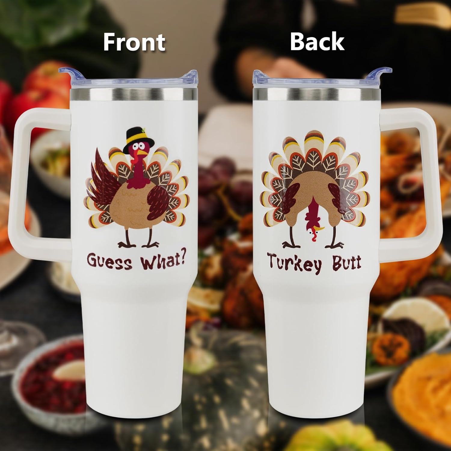 40 oz Thanksgiving Tumbler with Handle and Straw, Stainless Steel Insulated Turkey Tumbler 40 oz, Reusable Cup with Leak Proof Lid, Thanksgiving Gifts for Women (off white brown) - Image 2