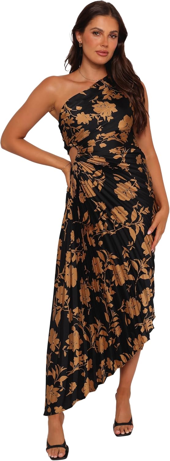 Petal & Pup Womens Kleo One Shoulder Maxi Dress - Black/Gold