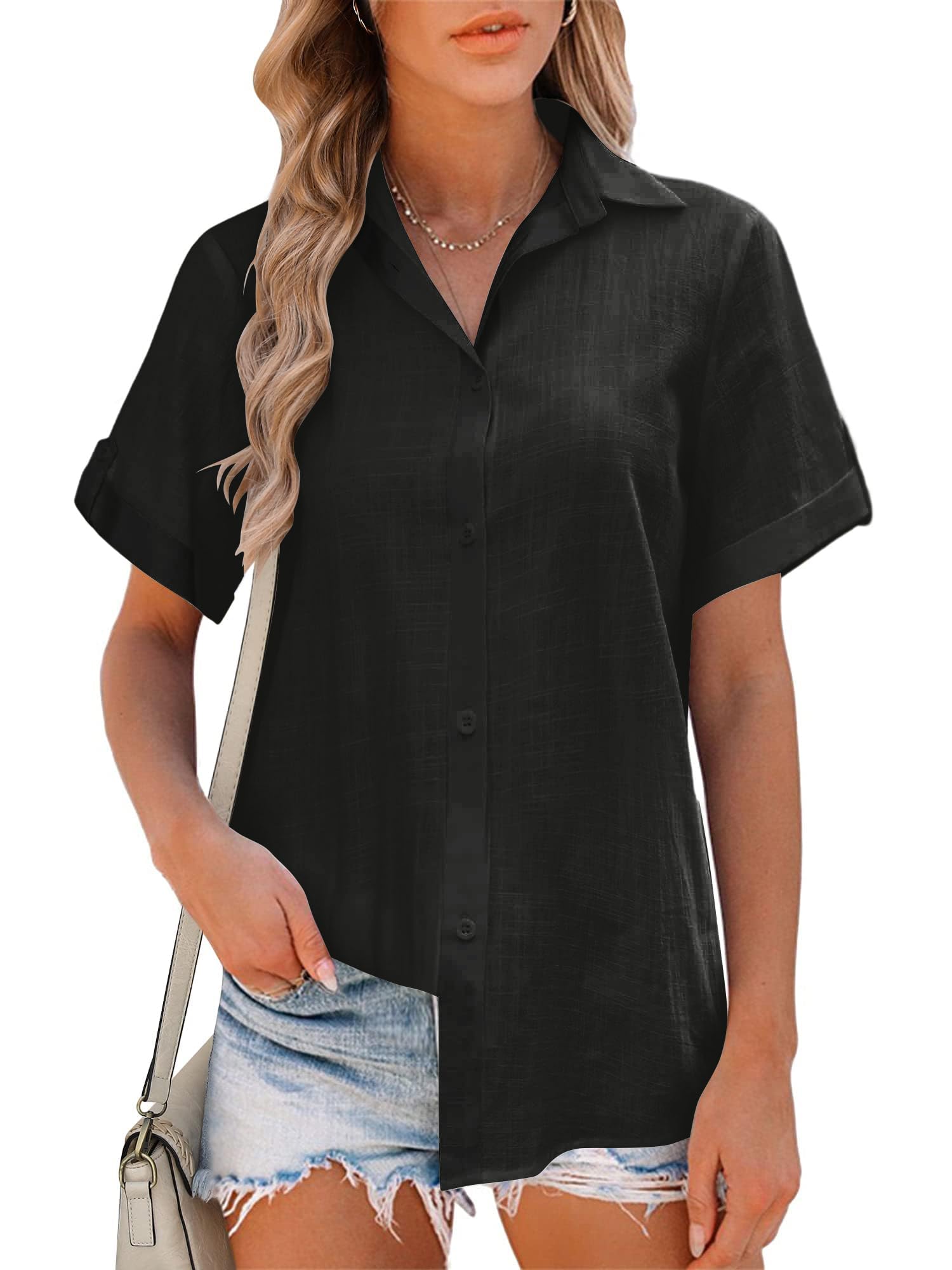 Friptspyg Bluse Damen Sommer Lässiges Kurzarm Hemdbluse V-Ausschnitt 100% Baumwolle Solide Blusenshirt Elegant Oberteile