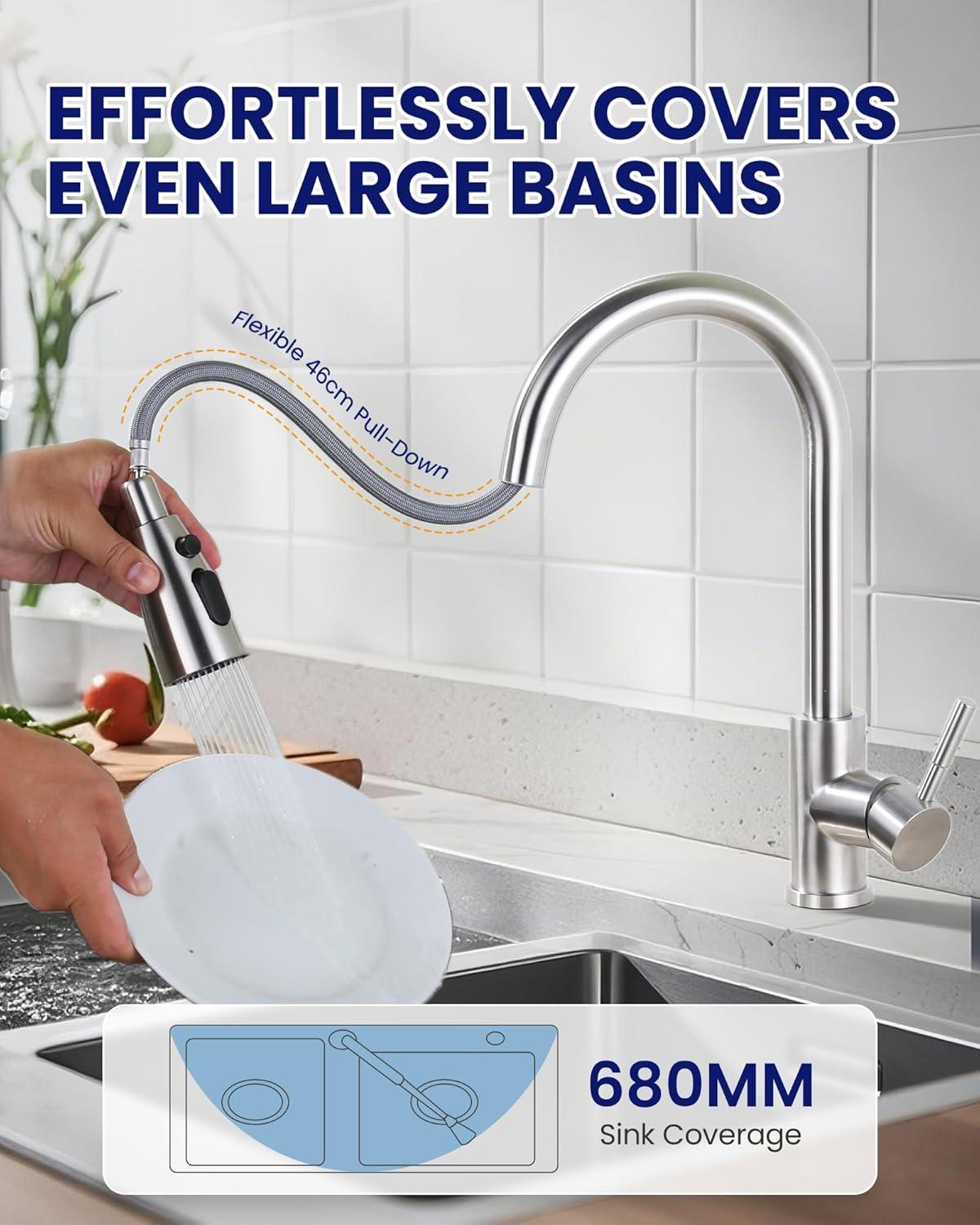 Image showing the flexible pull-down hose extending from the faucet, demonstrating its ability to cover large basins with 680mm sink coverage.