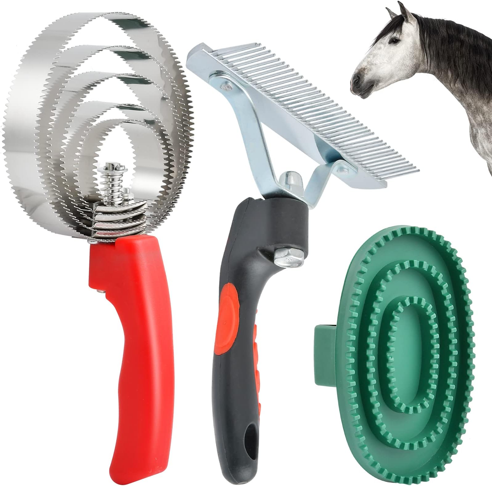 3 Pcs Reversible Stainless Steel Curry Comb 5 Rings, Aemygo Double Sided Horse Grooming Brush, Scotch Type Metal Dog Brush Large Rubber Hair Remover Comb, Soft Touch Grip Scraper for Cow Sheep Dog