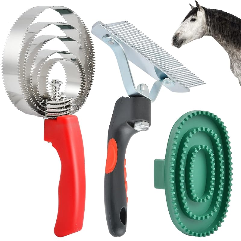 Rasqueadeira para Cavalos com Pentes de Metal e Borracha Aemygo, Dupla Face, 3 Peças