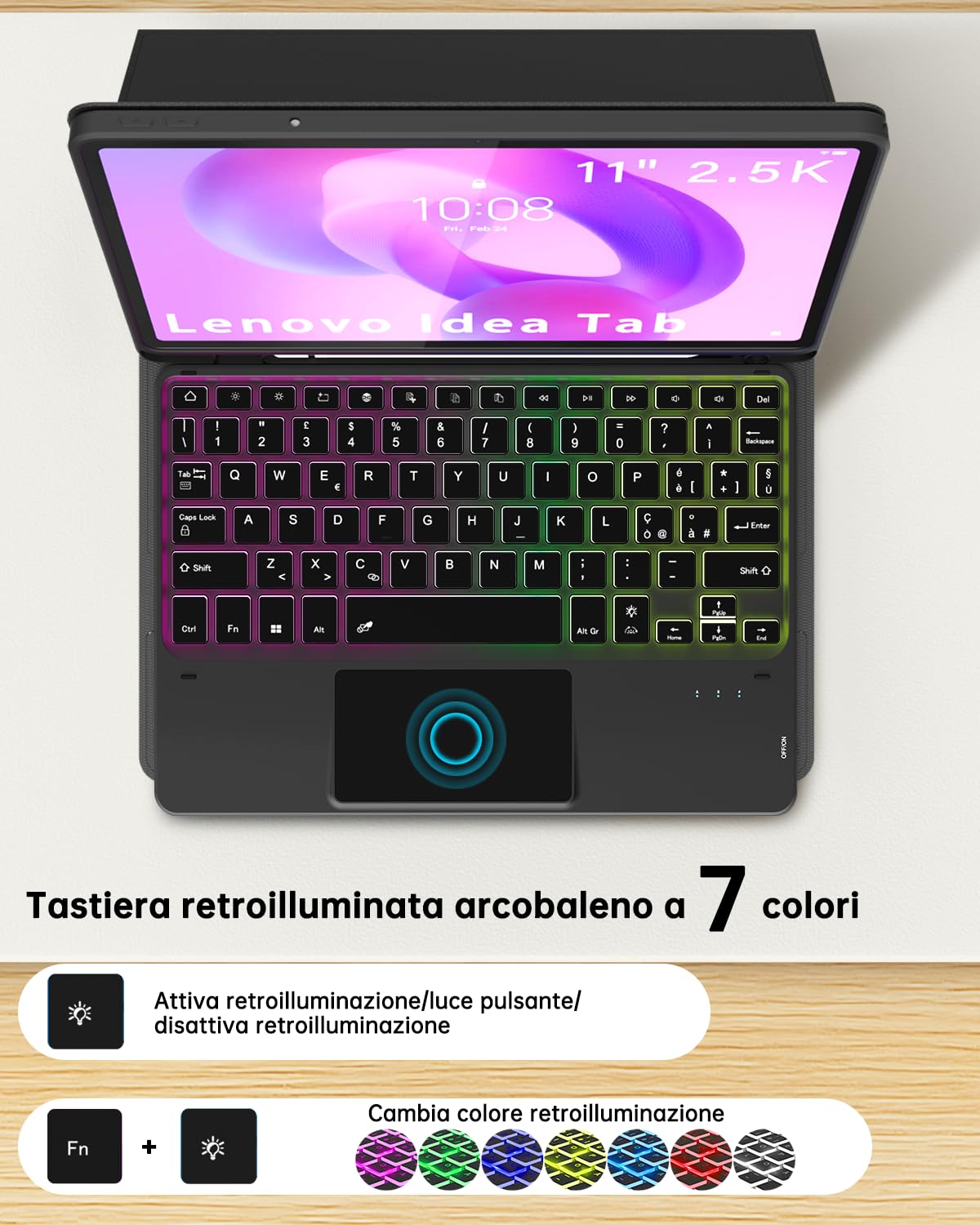Custodia con Tastiera per Lenovo Idea Tab 11 Pollici Tablet 2025 (TB-336ZU/TB-336FU) : Tastiera retroilluminata Rainbow con touchpad intelligente,[Italiano],Cover Tastiera Rimovibile con Portapenne