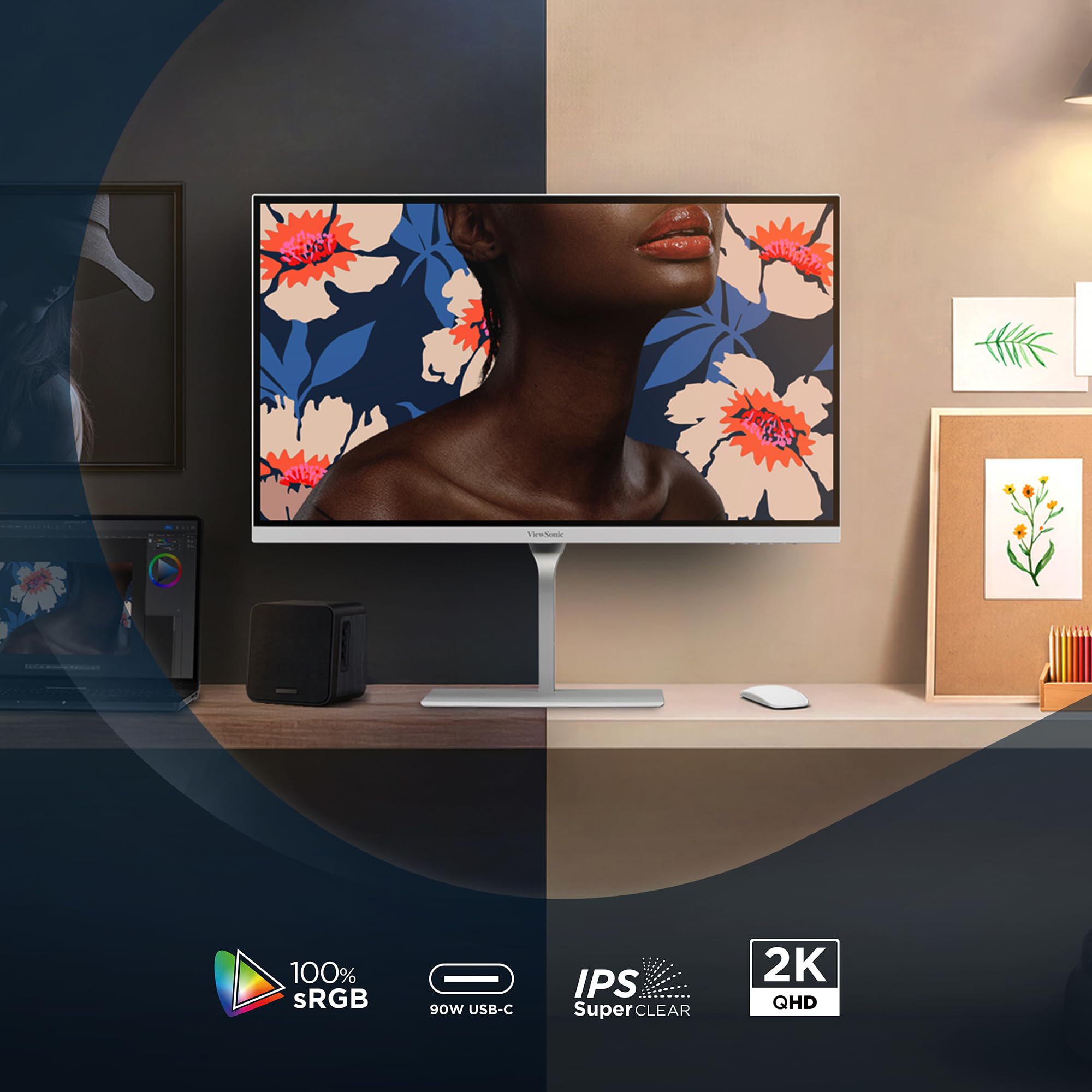 ViewSonic ColorPro VP2766-2K-W Monitor de 27 pulgadas 2K QHD, validado Pantone, Delta E<2, 100% sRGB, 90W USB-C, 120Hz, monitor creativo para diseño gráfico y edición de video, ergonómico, sin