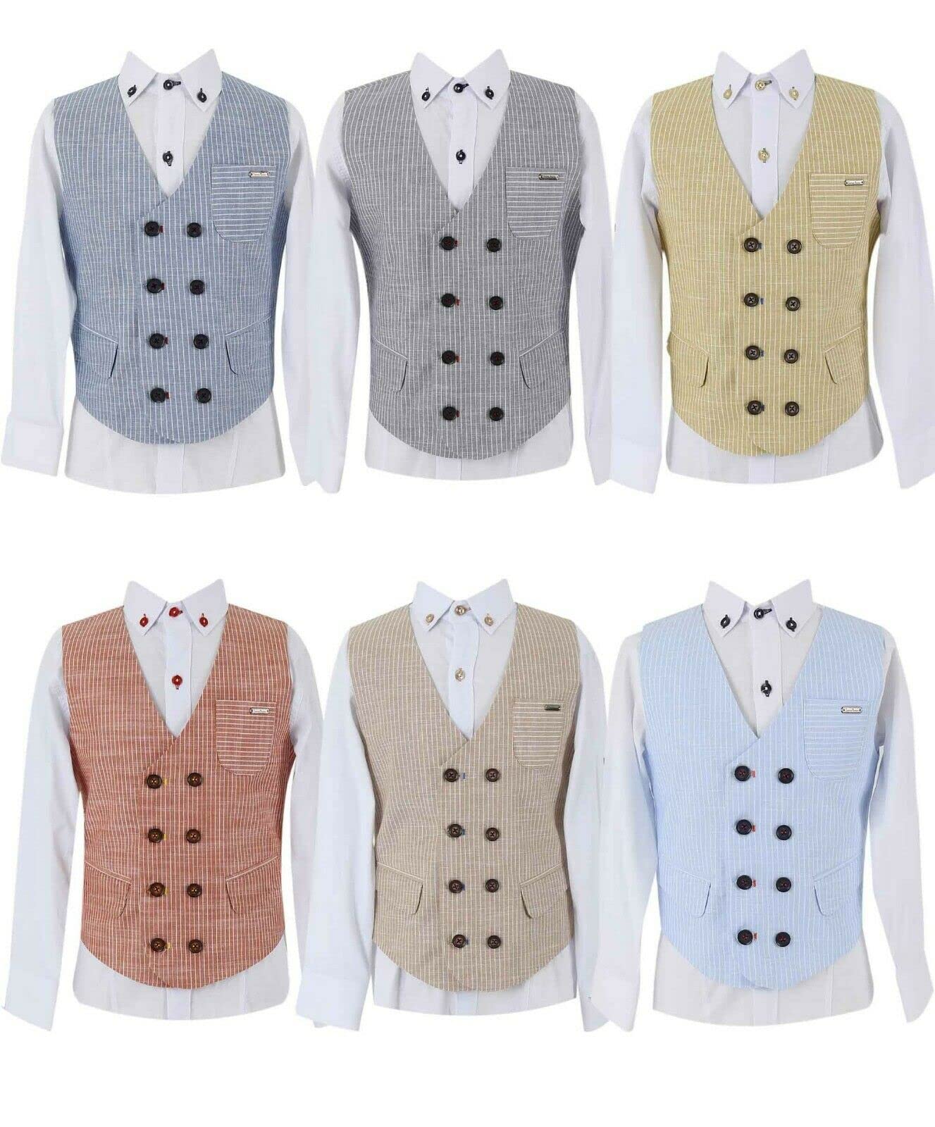 SIRRI Completo da ragazzo con gilet monopetto in cotone e lino, completo smart casual da 3 pezzi