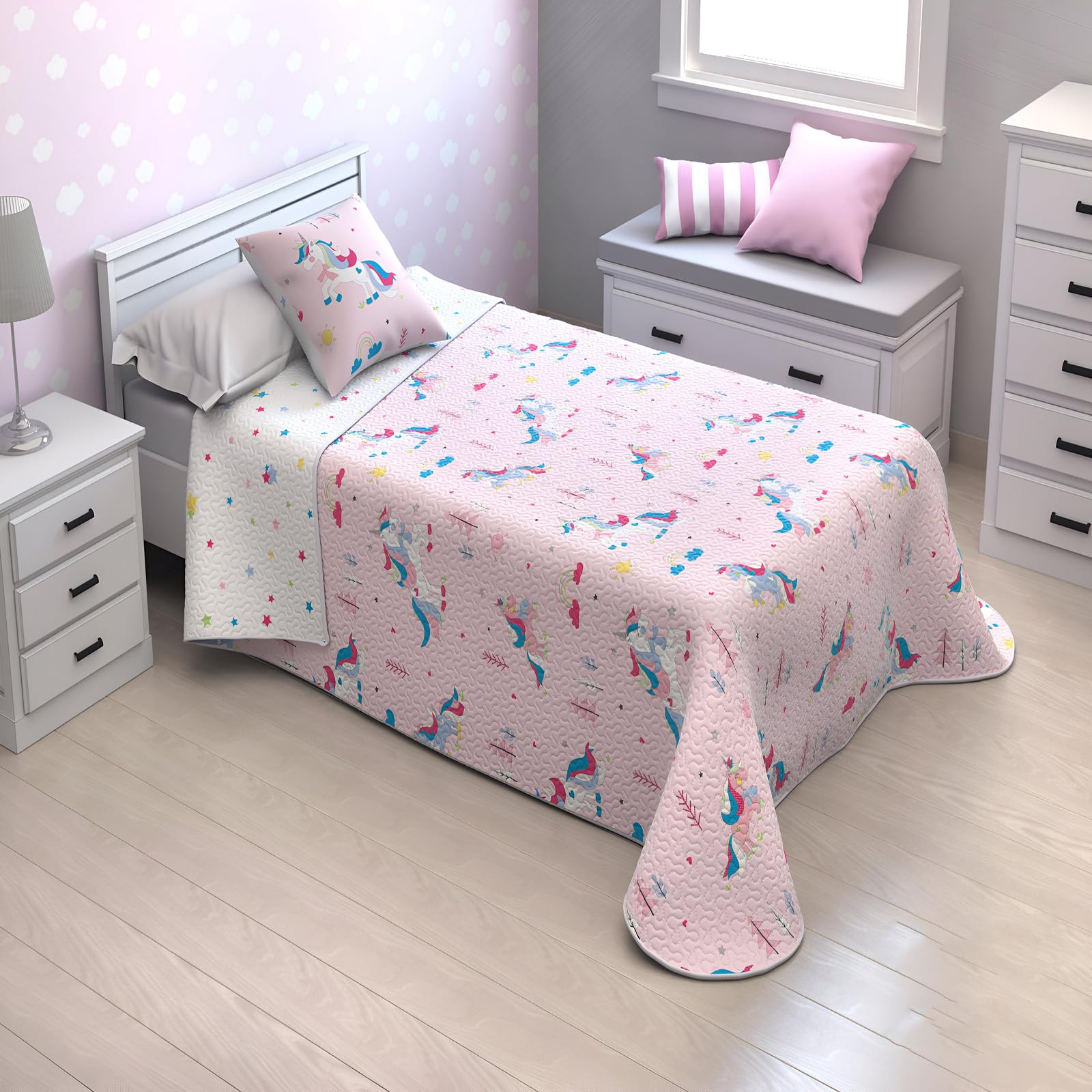 various - Colcha bouti Basic Infantil +1 x Funda de Almohada 50x70cm Colcha Cubrecama Reversible con Acolchado termosellado Unicornio (Cama 90, 180x260 cm) 2 Piezas