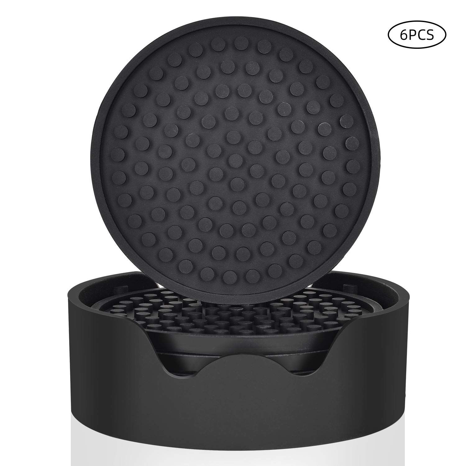 VEOTORE Coasters for Drinks, Set of 6 Silicone Coasters with Holder, Black, Large Size, Fit All Cups & Mugs (Black, Silicone)