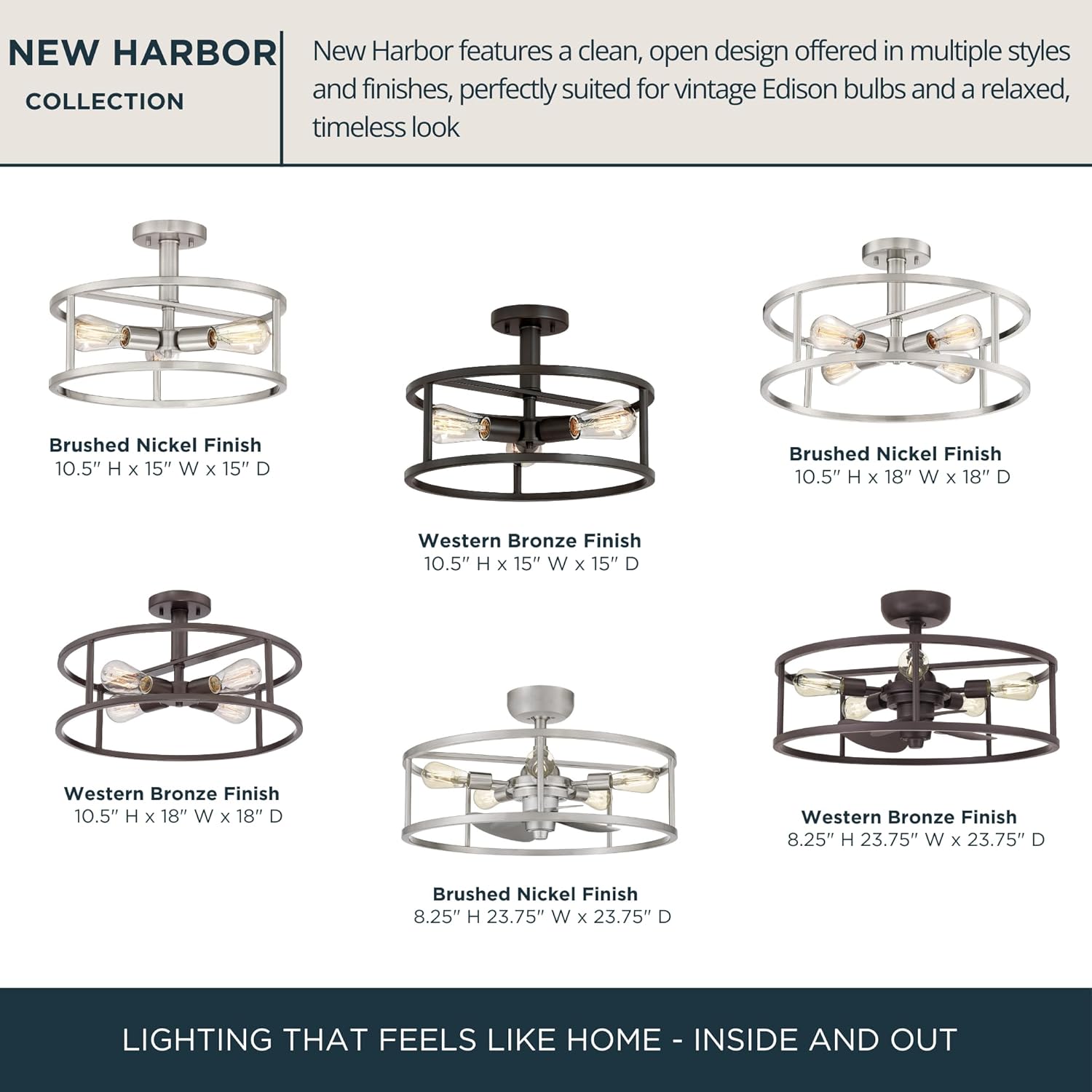 Quoizel New Harbor 5-Light Brushed Nickel Fandelier, Transitional Ceiling Fan with Light, Vintage-Inspired Open Cage Design Flush Mount Ceiling Light, Dimmable LED Bulbs, Remote Included