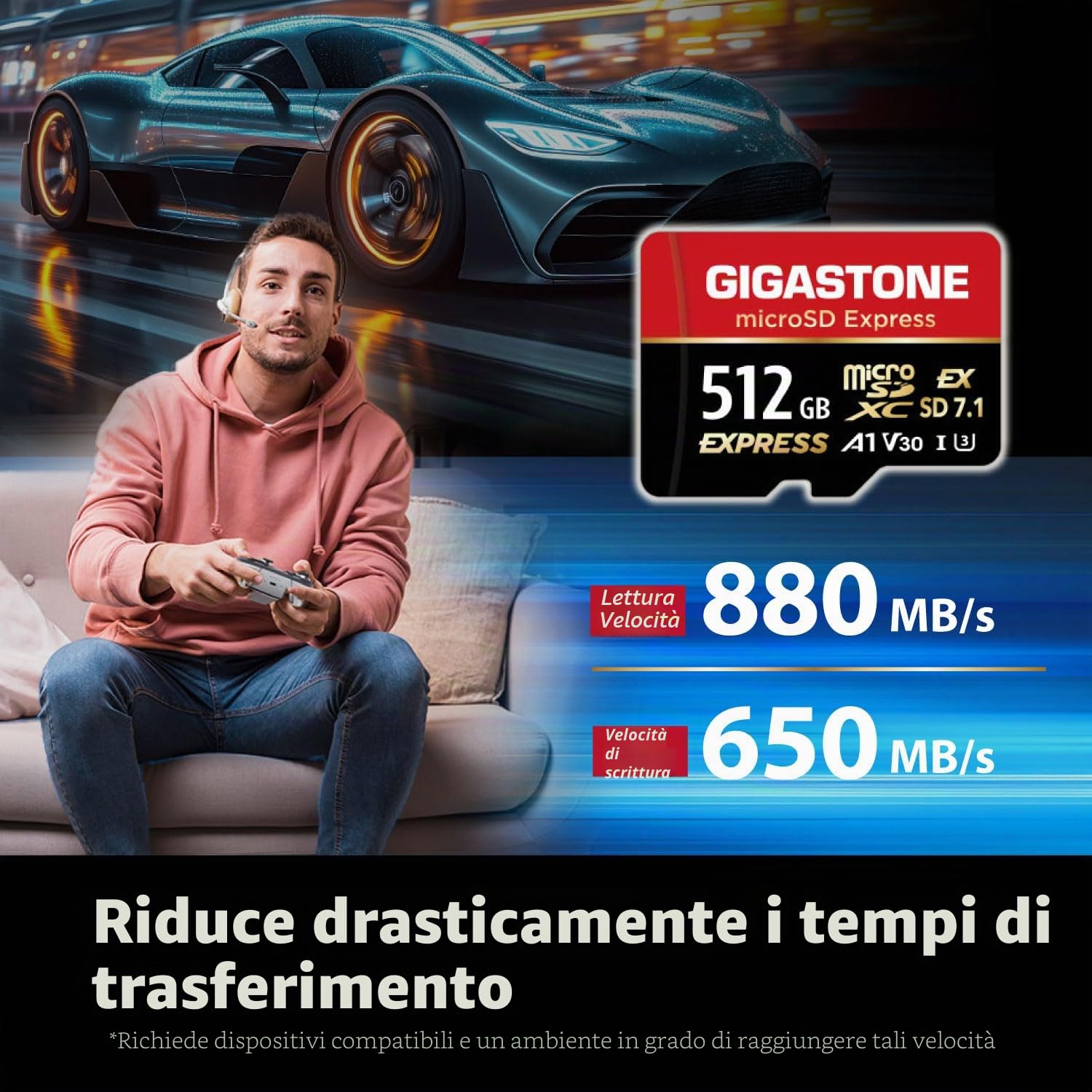 【Progettato per Switch 2】GIGASTONE microSDXC Express 512 GB, SD 7.1, R/W fino a 880/650 MB/s, A1 V30 U3, compatibile con Nintendo Switch 2 e fotocamere professionali, con adattatore SD.