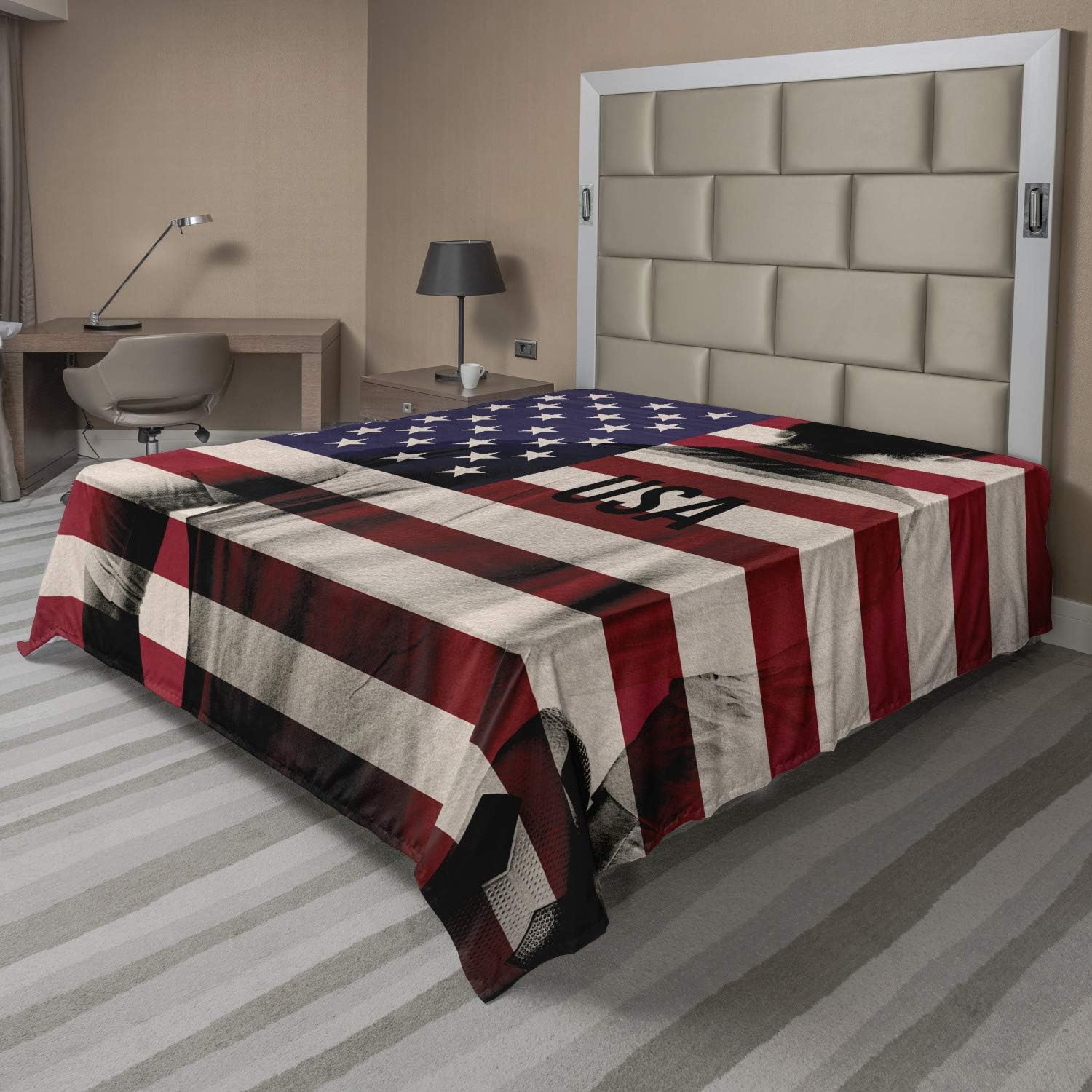Ambesonne Soccer Flat Sheet, Composite Double Exposure Image of a Soccer Player and American Flag USA Run, Soft Comfortable Top Sheet Decorative Bedding 1 Piece, Queen Size, Beige Blue Red