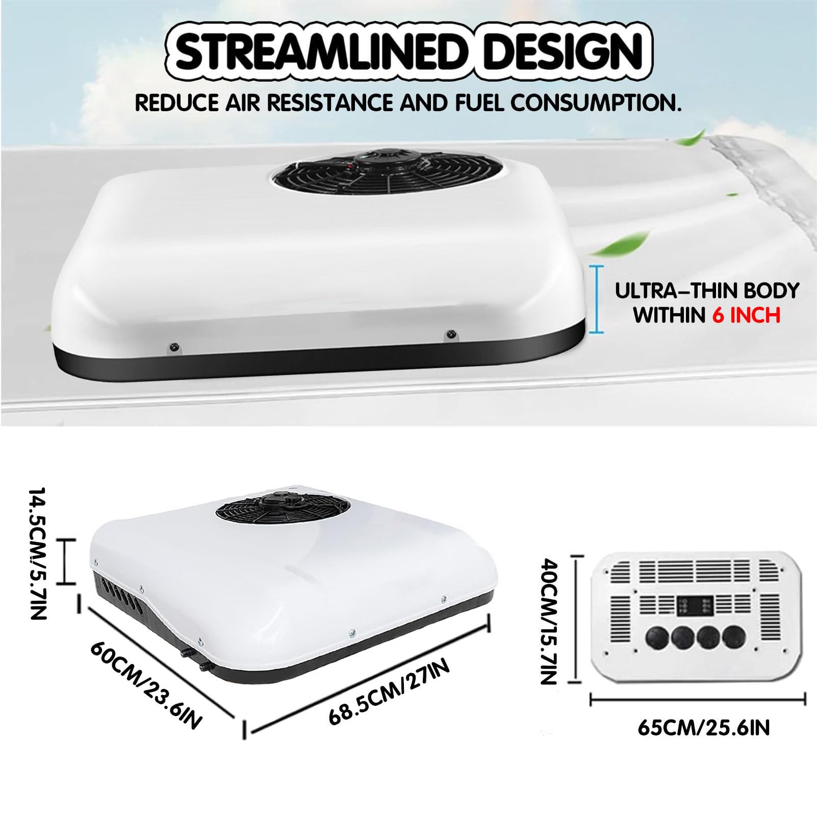 RayGenius Climatiseur RV 12v/24v Climatiseur spécial Parking, climatiseur de Toit Ultra-Mince pour Voiture, capacité de Refroidissement de 2600w, Facile à Installer pour Voiture RV Truck,12VDC-White
