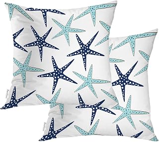 Coastal Nautical Pillow Covers, Coastal Nautical Starfish Repeat Pattern Navy Blue Square 20 x 20 Inches Decorative Throw Pillow Covers Cotton Cushion for Sofa Bedroom Car, Blue 07, Set of 2