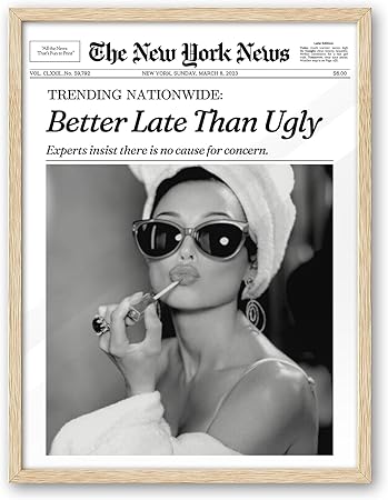 iHery Natural OAK Wood Audrey Hepburn Newspaper Trendy Framed Wall Art, 12x16 in Vintage Headline Canvas Bedroom Wall Decor, Better Late Than Ugly,Bathroom Artwork Apartment Girly Dorm Room 1Pack