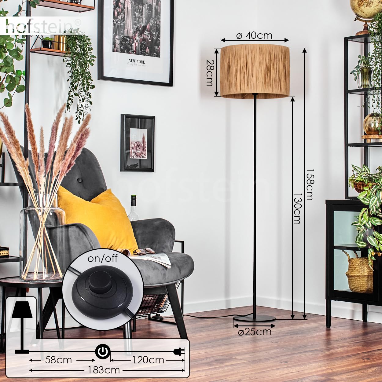 HOFSTEIN Stehleuchte Granja, moderne Stehlampe aus Metall/Bast in Schwarz/Naturfarben, Leuchte im Boho/skandinavischen Design Ø 40 cm, Fußschalter, E27, Wohnzimmer, Schlafzimmer, Esszimmer, Flur