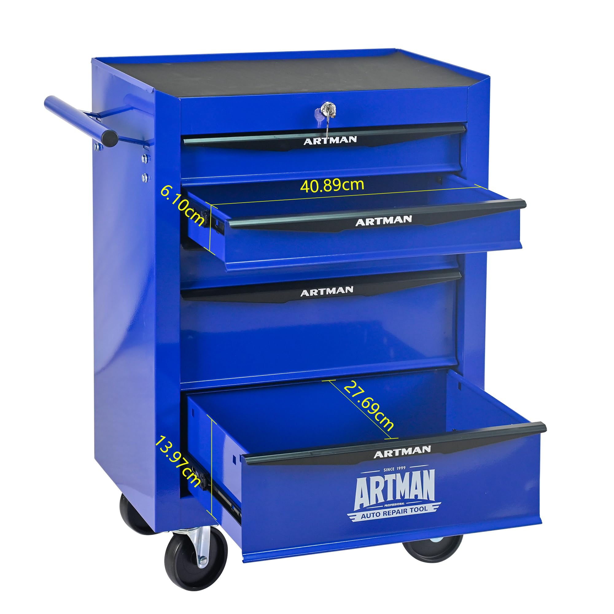 Generisch Robusto carrello portautensili con 5 cassetti con cuscinetti a sfera e 4 ruote girevoli, in acciaio, per garage e officina, colore nero/blu