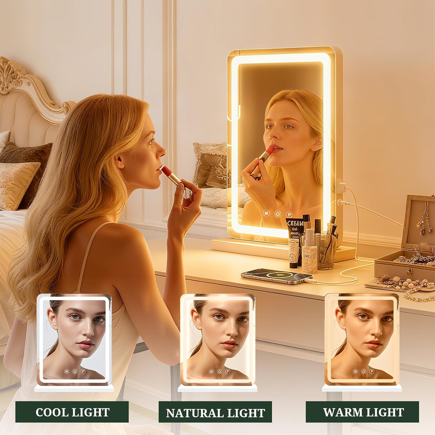 Vanity Mirror with Lights, LED Makeup Mirror with 3-Color Dimmable Lighting, Smart Touch Control, Memory Function, Tabletop Lighted Mirror for Bedroom, Dressing Room