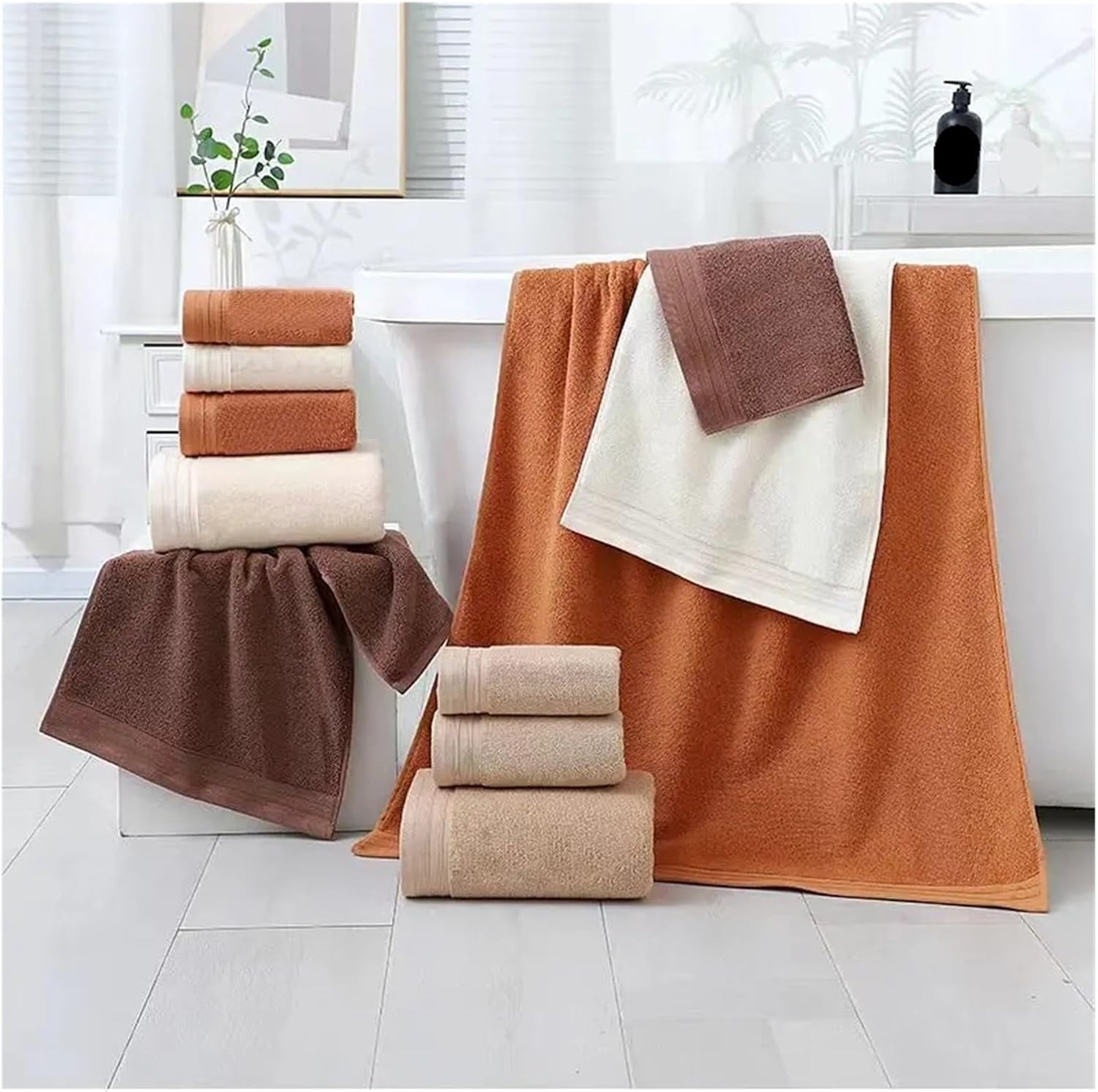6pcs Cotton Towel Set Adult Face Bathroom Soft Absorbent Solid Color Hotel Spa Bath 70x140cm(Dark Brown)