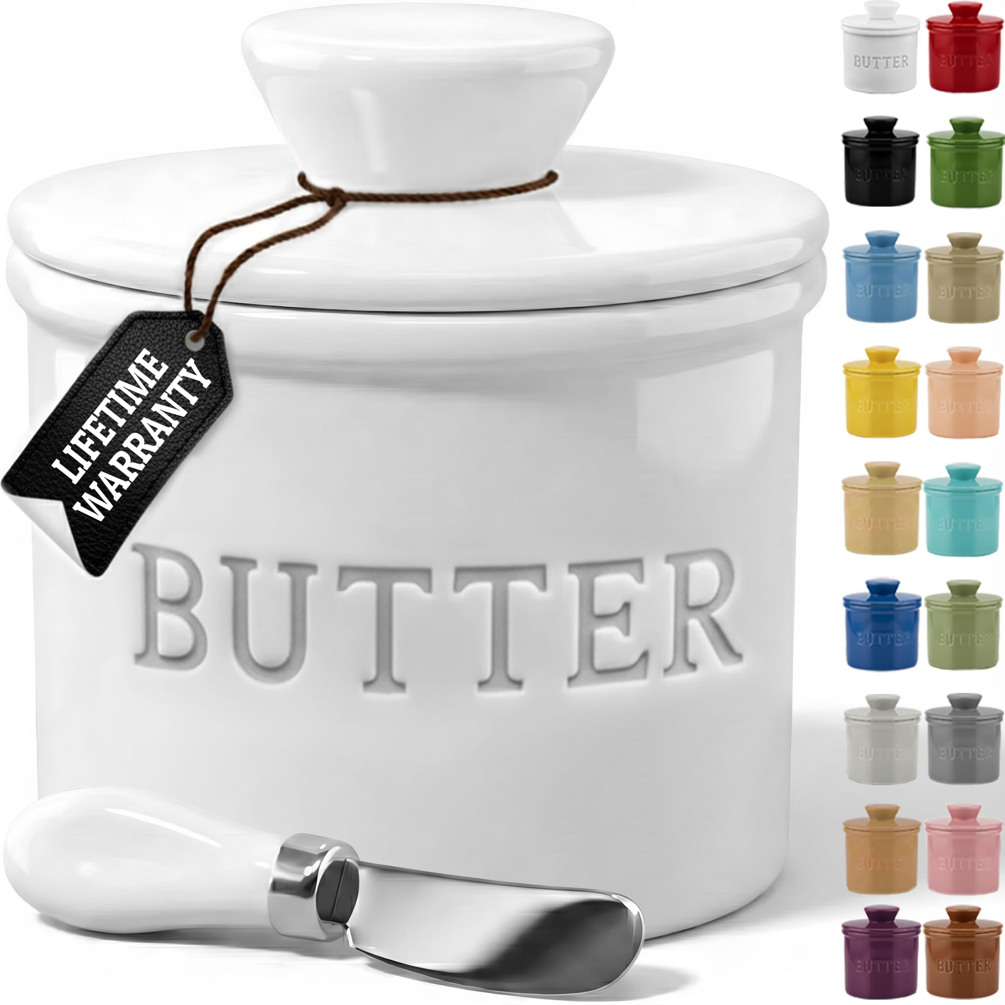 PriorityChef Butter Crock with Lid, On Demand Spreadable Butter, French Butter Keeper to Leave On Counter with Water Line, Ceramic French Butter Dish, White