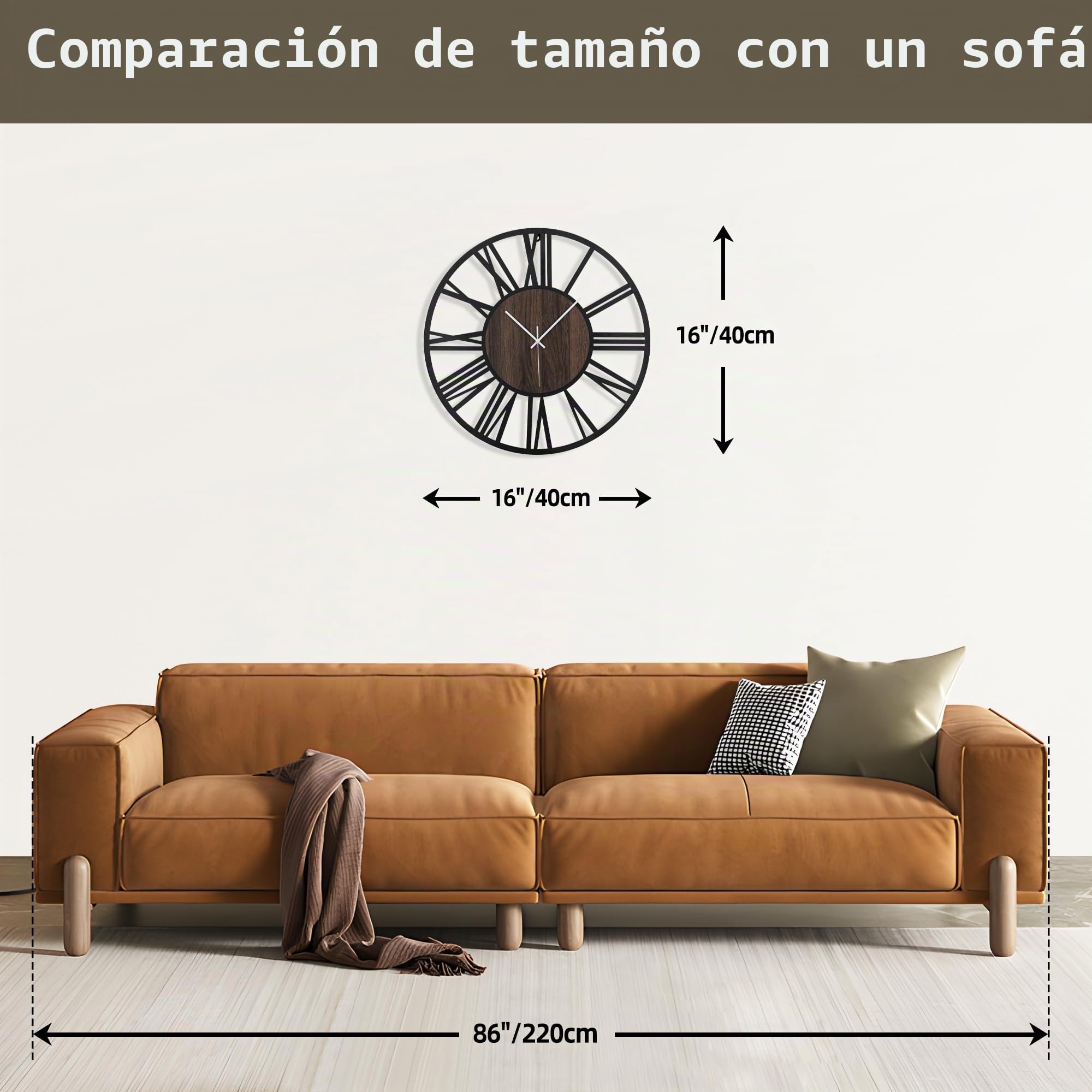 Reloj de pared grande de 16 pulgadas con pilas, reloj de pared silencioso de madera y metal negro para decoración de sala de estar, reloj de pared decorativo moderno para cocina (madera