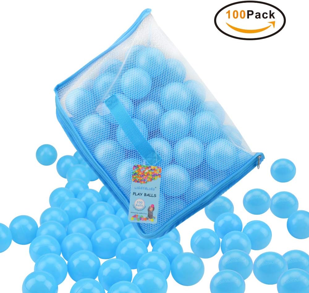 Lightaling 100pcs Blue Ocean Balls & Pit Balls Soft Plastic Phthalate & BPA Free Crush Proof - Reusable and Durable Storage Mesh Bag with Zipper