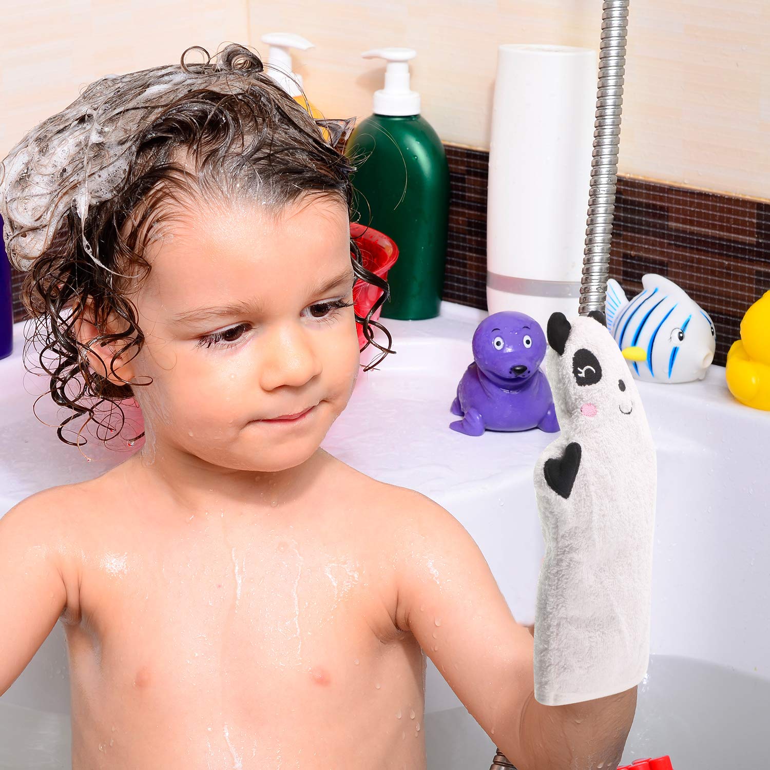 4 Pezzi Guanto da Bagno per Bambini Guanti Salviette Progettati in Simpatico Stile Animale Carino Asciugamano in Cotone di Pecora Panda Squalo Anatra Gialla Scrub Delicato per Bambini Piccoli Bagno