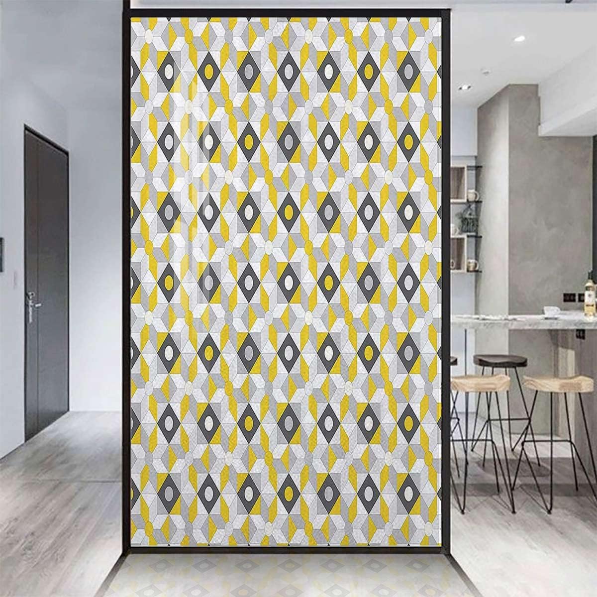 Charcoal Grey and Marigold Privacy Window Film for Home Kids Room Inspired Rounds Squares Window Privacy Films Vinyl Frosted Privacy Film Geometric Retro 23.6Wx47.2L-inch