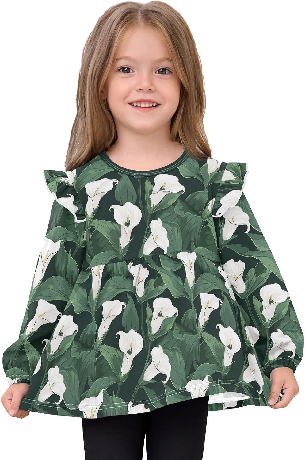visesunny Toddler Clothes for Girls Calla Lily Pattern Long Sleeve Fall Shirts Cotton Top with Ruffle Collar