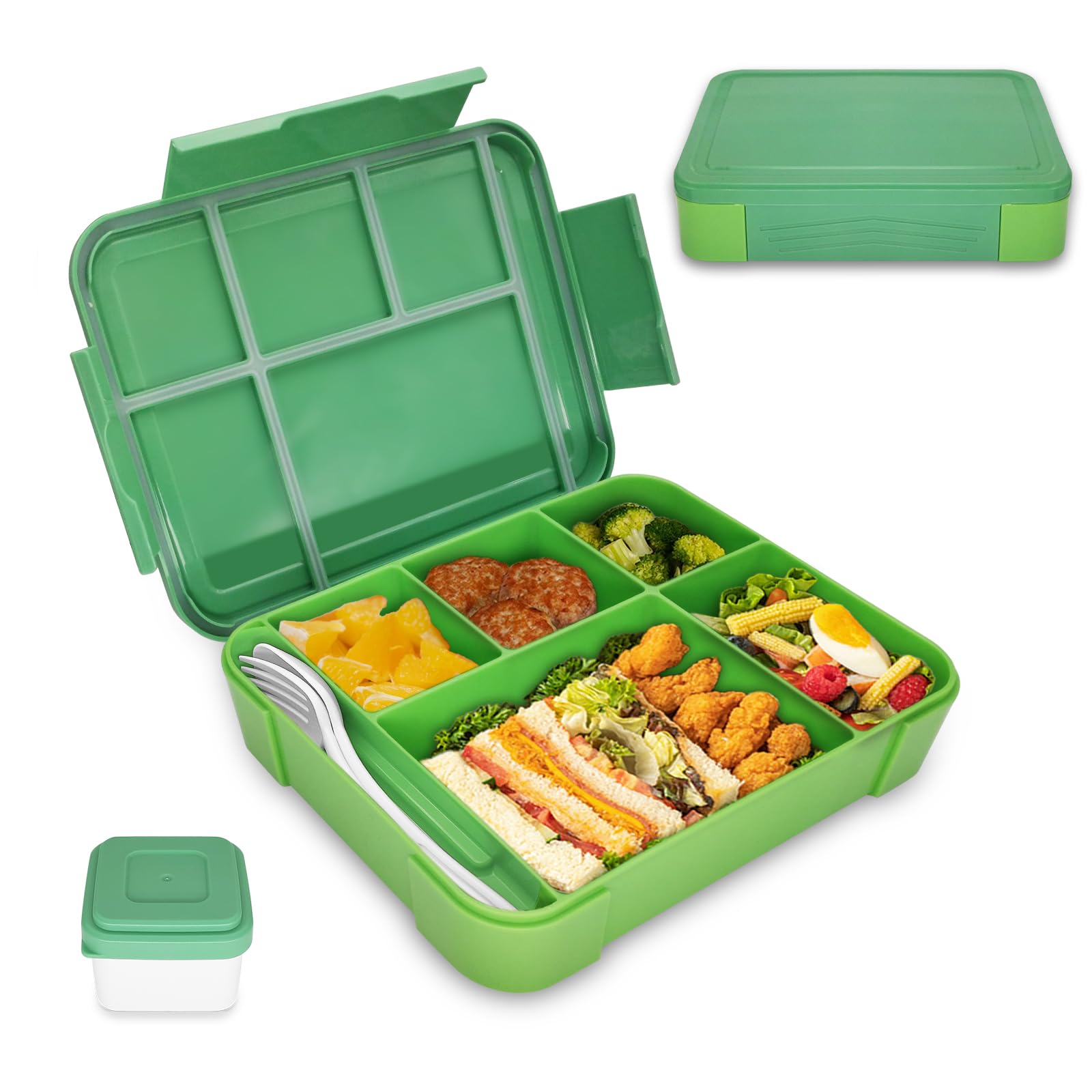 XJIANFU Brotdose Kinder mit Fächern,1300ml Auslaufsichere Bento-Box, Kinder-Lunchbox,Auslaufsicher Fächern,Jausenbox Brotbox für,Mädchen & Jungen,Mikrowelle/spülmaschinenfes(1300ML/Green)