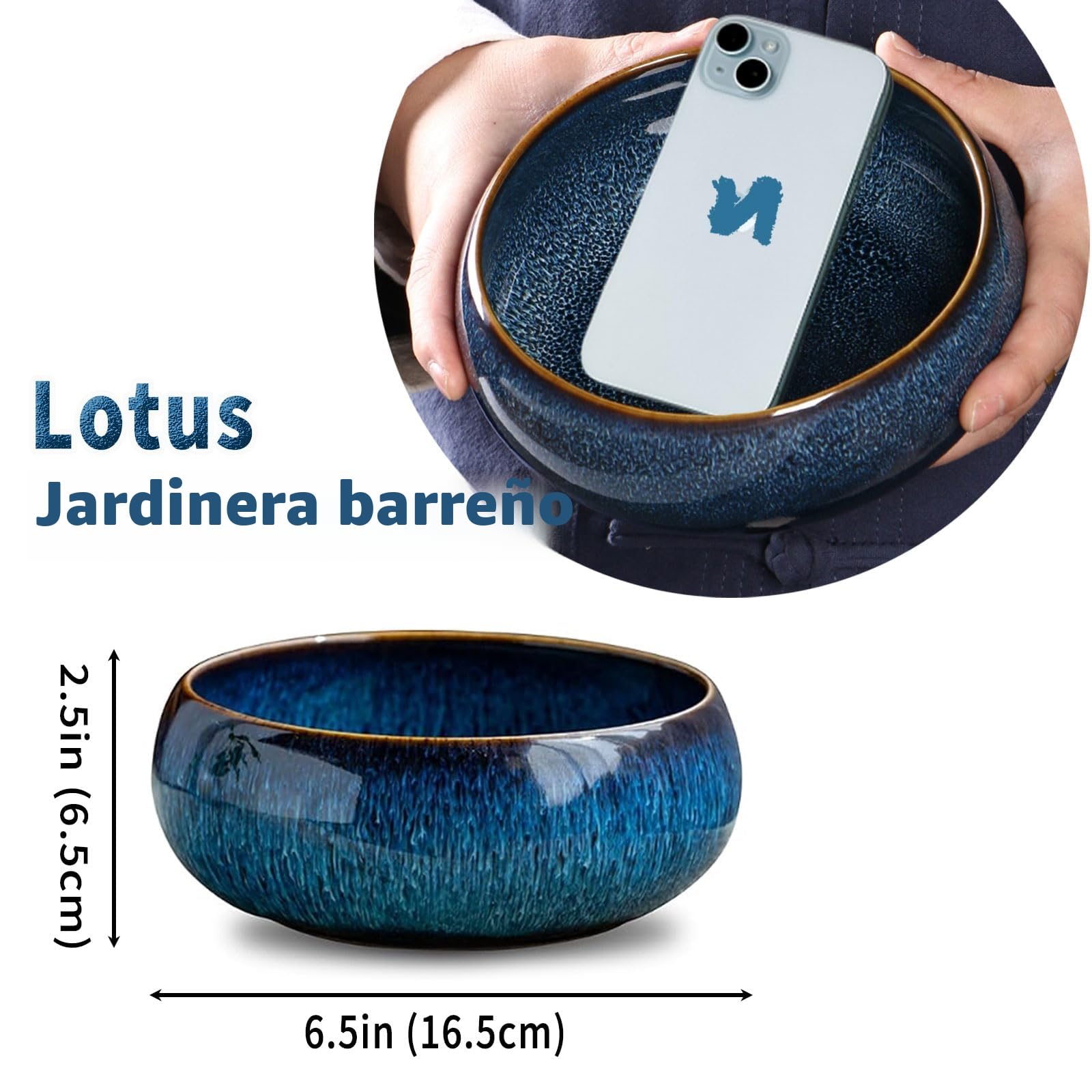 Maceta de cerámica esmaltada Lotus Bowl para plantas acuáticas, para interior y exterior, hidropónica, poco profunda, para semillas de loto, suculentas, bonsái, composición de nenúfares (azul)