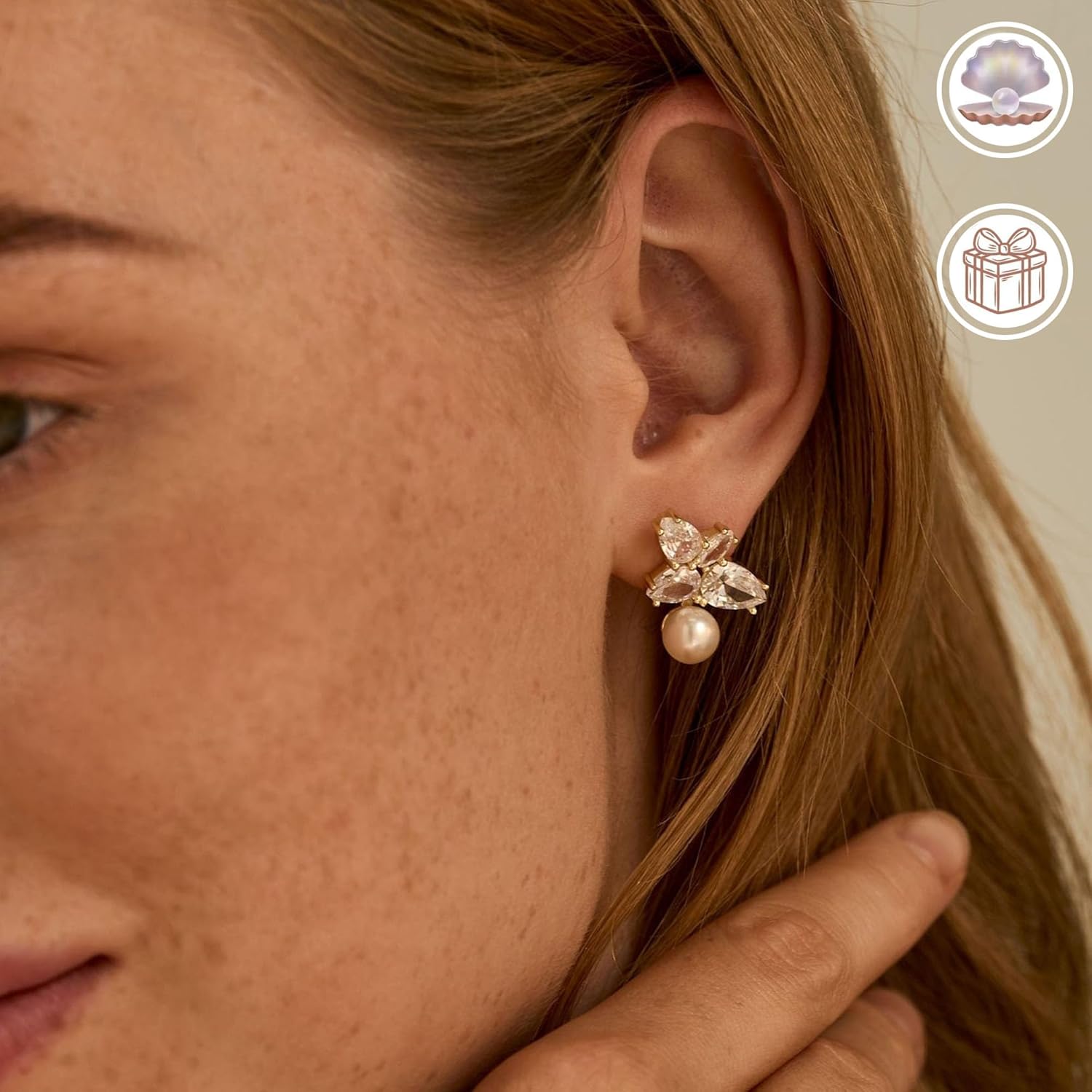 14K Gold Plated Diamond Pearl Stud Earrings, Freshwater Pearl Earrings, Bridal Earrings, Wedding Earrings, Crystal Earrings, Bridesmaid Gift,Gift for Mom