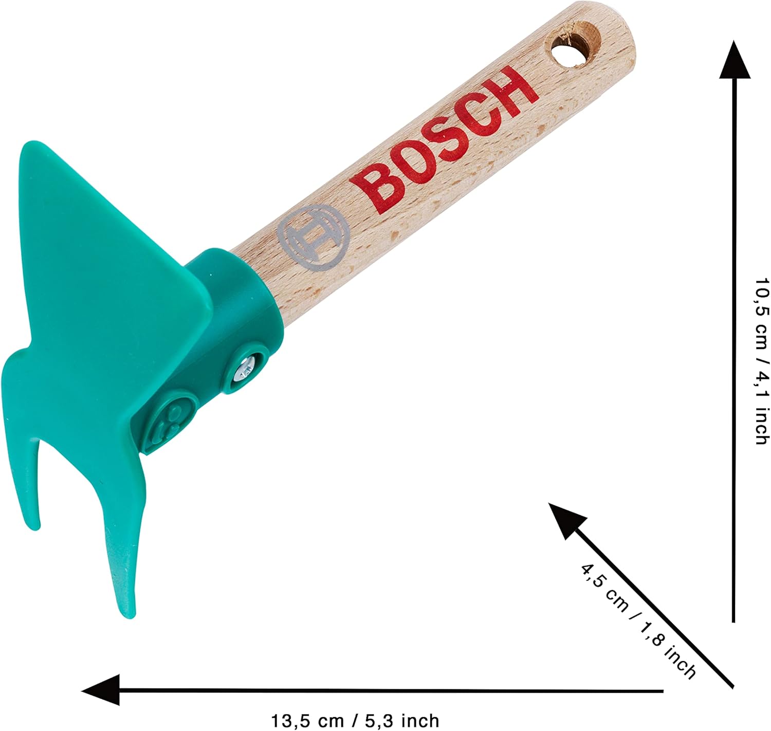 Theo Klein 2790 Bosch Hoe, Short I Robust Children's Garden Hoe I Stable Wooden Handle I Dimensions: 13.5 cm x 10.5 cm x 4.5 cm I Toys for Children Aged 3 and Over