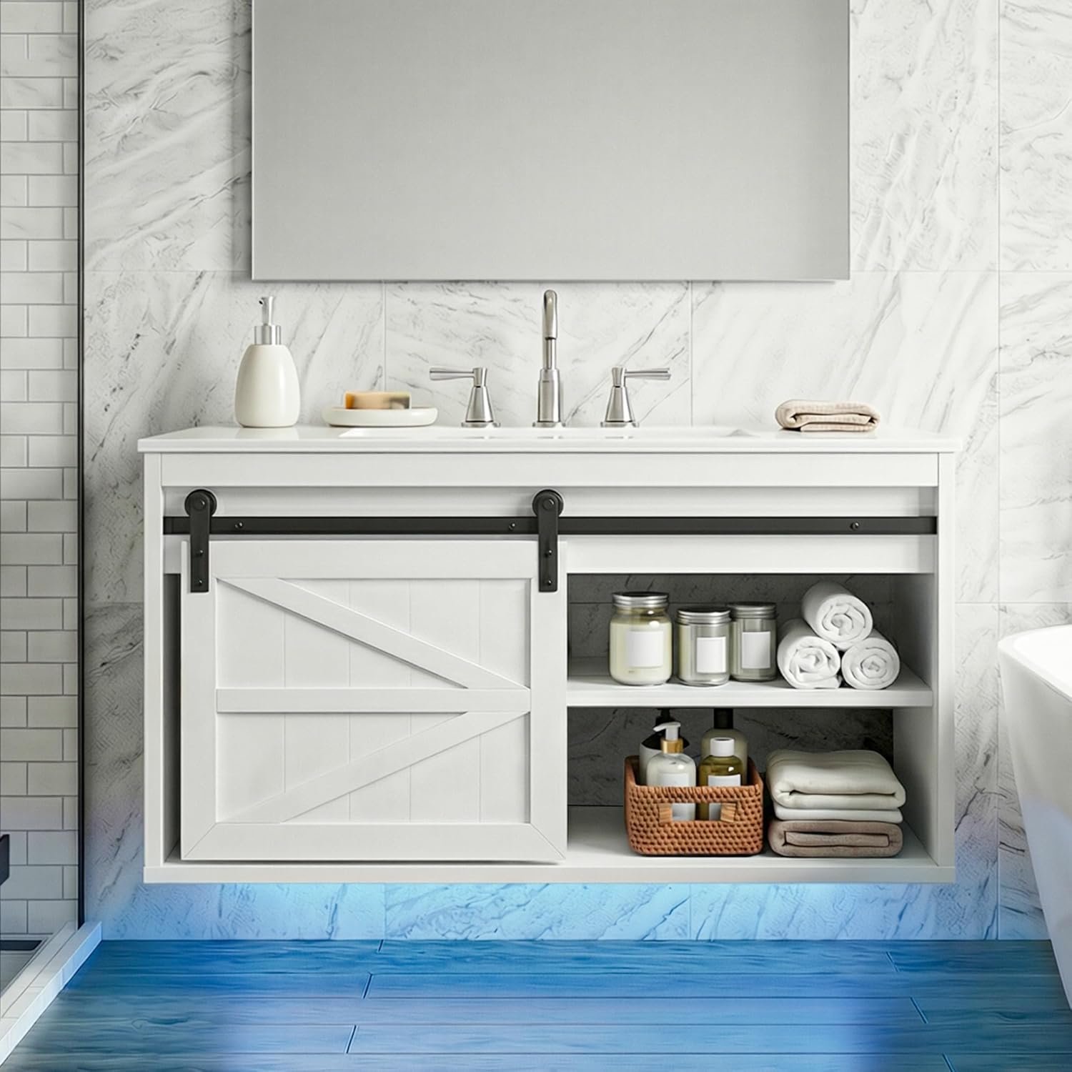 DWVO 36" LED Bathroom Vanity with Sink, Farmhouse Sliding Barn Door Bathroom Cabinet, Bathroom Vanities, Wall Mounted Floating Cabinet