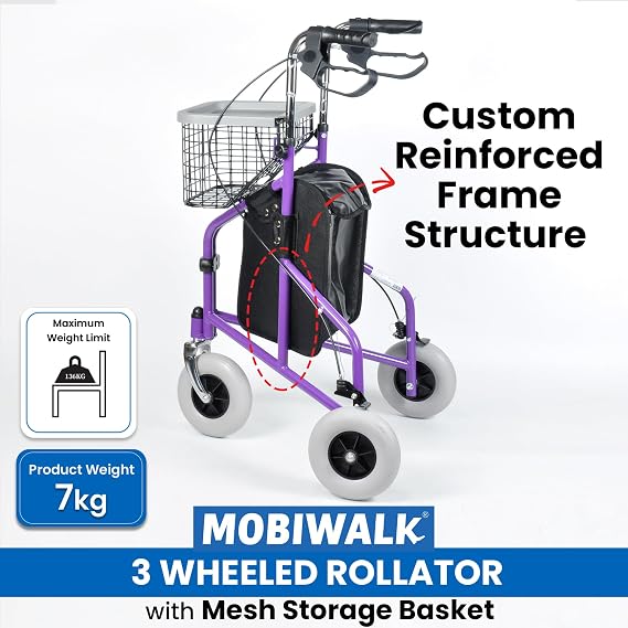 MobiWalk® 3 Wheeled Tri Rollator Walker with Front Basket & Tray | Easy to use | Upgraded Larger Wheels