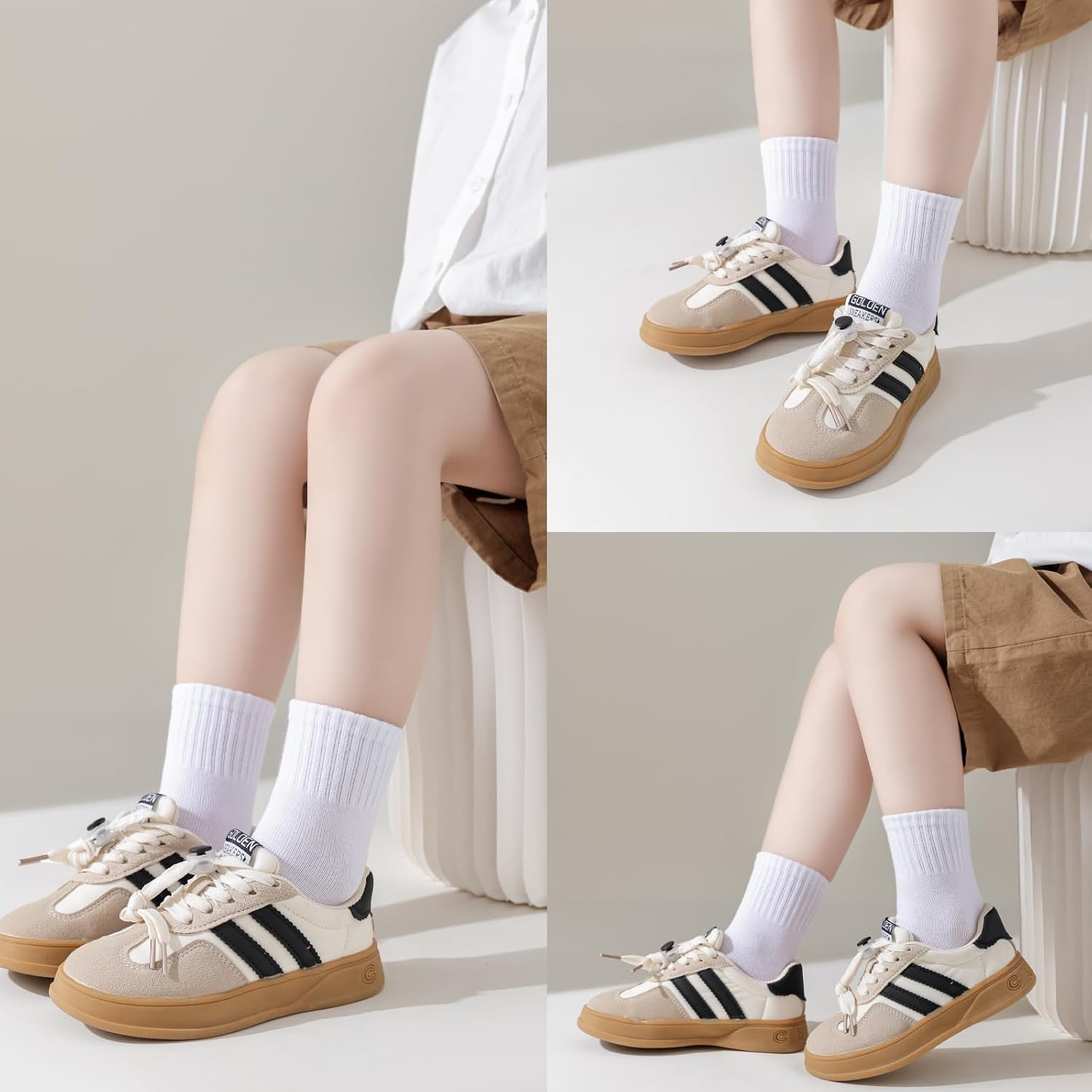 Unisex Kids Dress Socks 10 Pairs, Seamless Toe Cotton School Uniform Crew socks for Boys Girls 3-14Y, White Navy