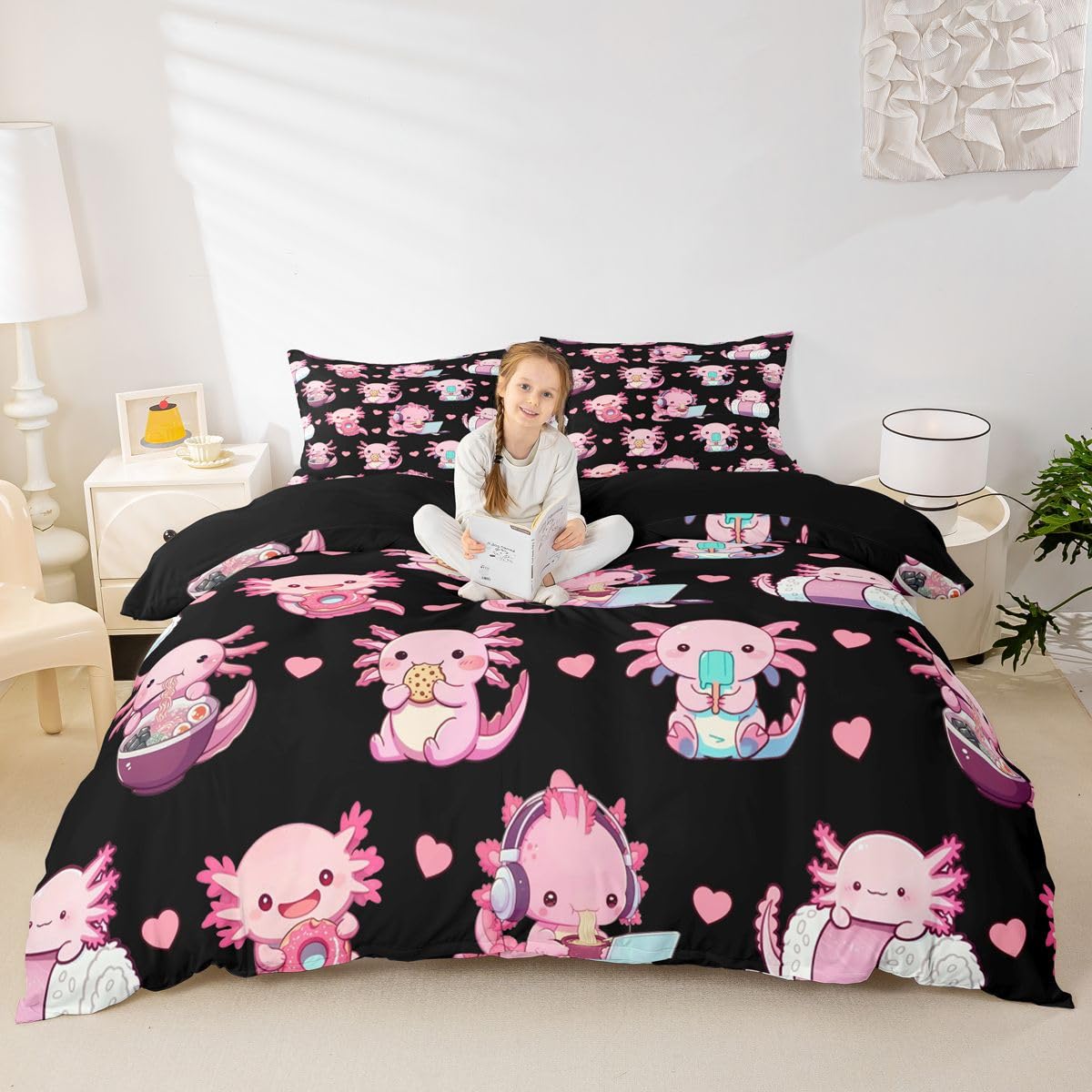 Homewish Homwish czarny różowy Axolotl super king poszewka na kołdrę kreskówka Axolotl zestaw pościeli salamandra ocean morze poszewka na kołdrę miłość serce zestawy pościeli