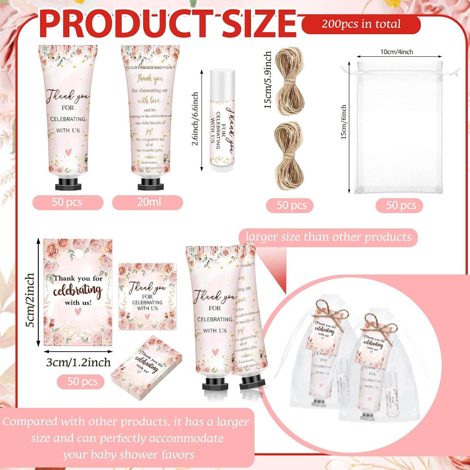 50 Sets 200 Pcs Pink Floral Baby Shower Gifts Bulk Hand Lotion and Lip Balm Wedding Party Favors Floral Theme Bride Shower Travel Size Hand Lotion and Lip Balm with Organza Bags Tags
