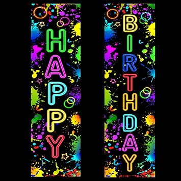 FuWeave Glow in The Dark Door Banner Rave Christmas Party Decorations Porch Sign Door Hanger Black Light Photography Backdrop Decor for Neon Party Supplies 72 x 12 InchHappy Birthday