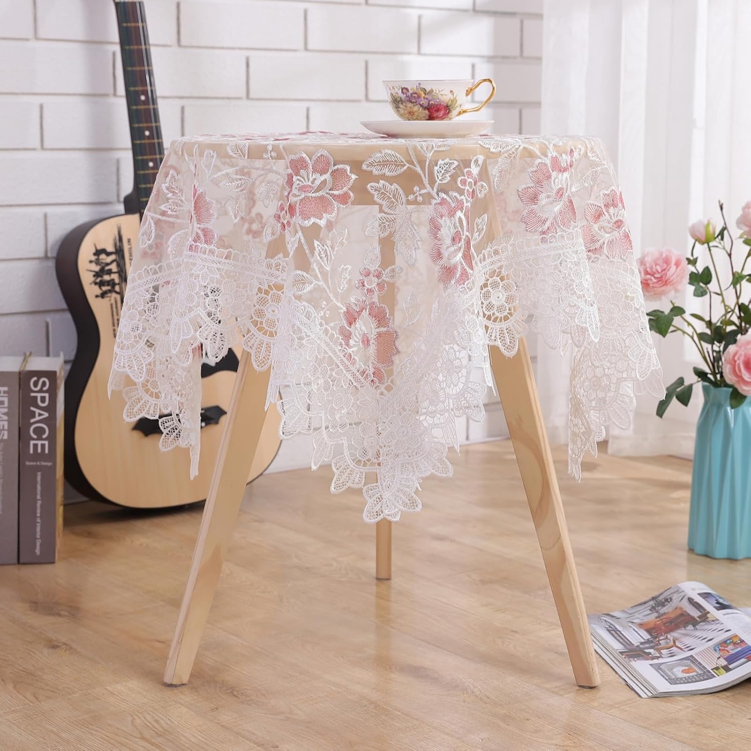 Rakila White Vintage Lace Tablecloth Embroidered Round Tablecloth for Wedding Party Dining Home Decorations, Round 70 inch