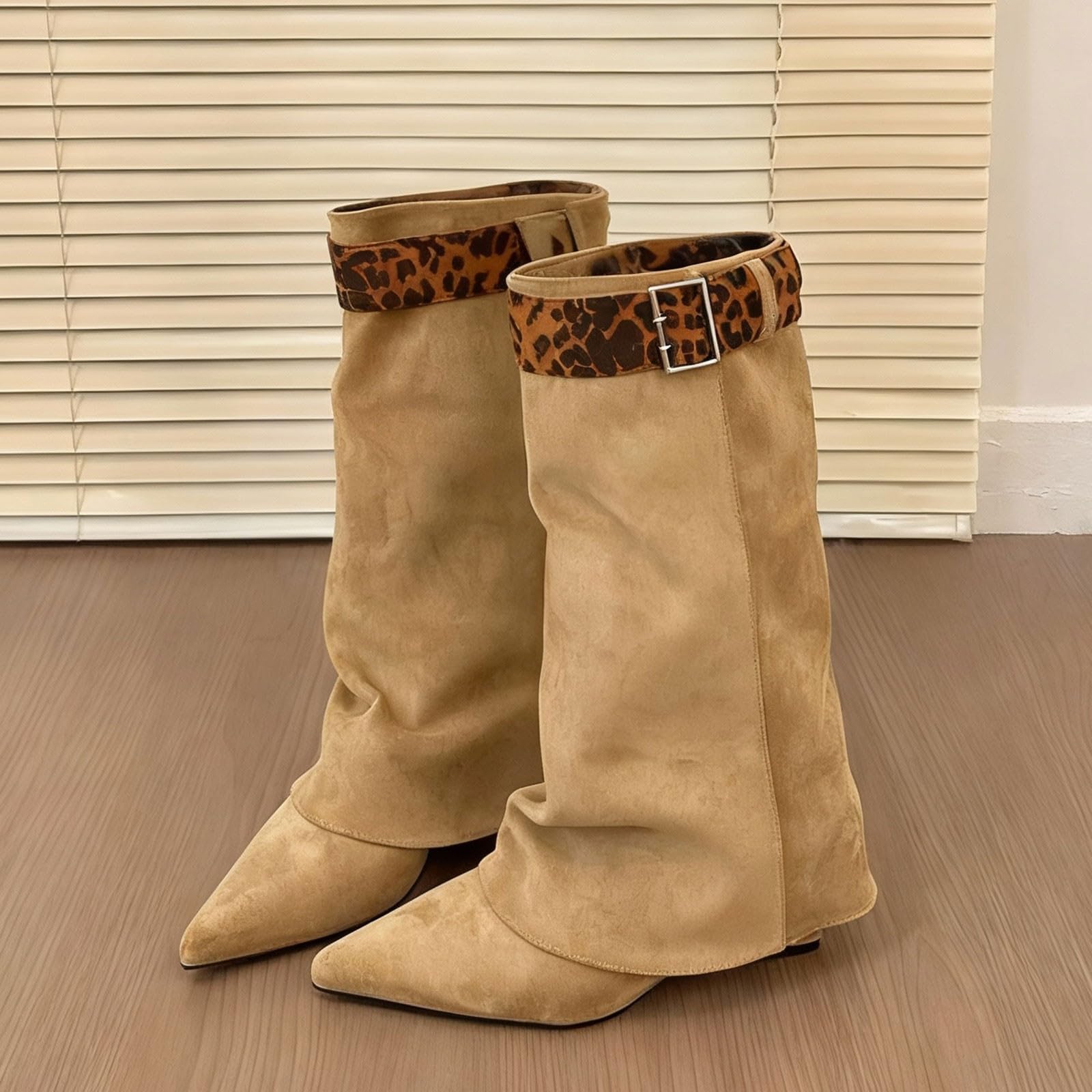 Generisch Langschaft Stiefel Damen Fold Over Shark Cowboystiefel mit Blockabsatz - Klassisch Halbhoch Weitschaftstiefel Spitzer Zehenbereich Übergangsstiefel Damenstiefel für Herbst Winter