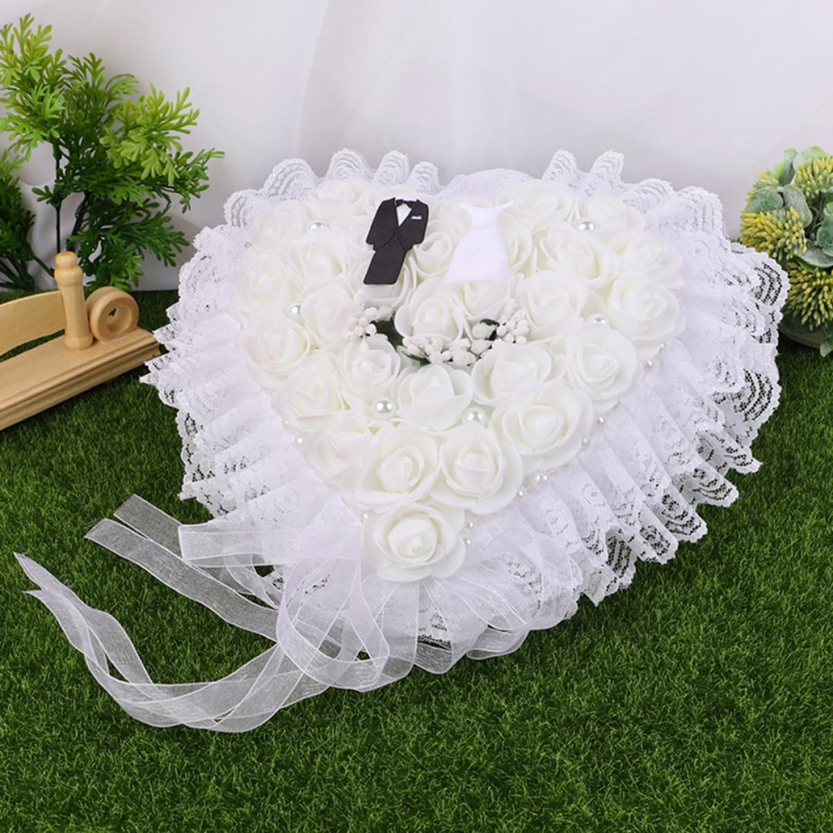 Wedding Lace Ring Bearer Pillow Floral Ring Cushion for Bride and Groom Ceremony Party Supplies