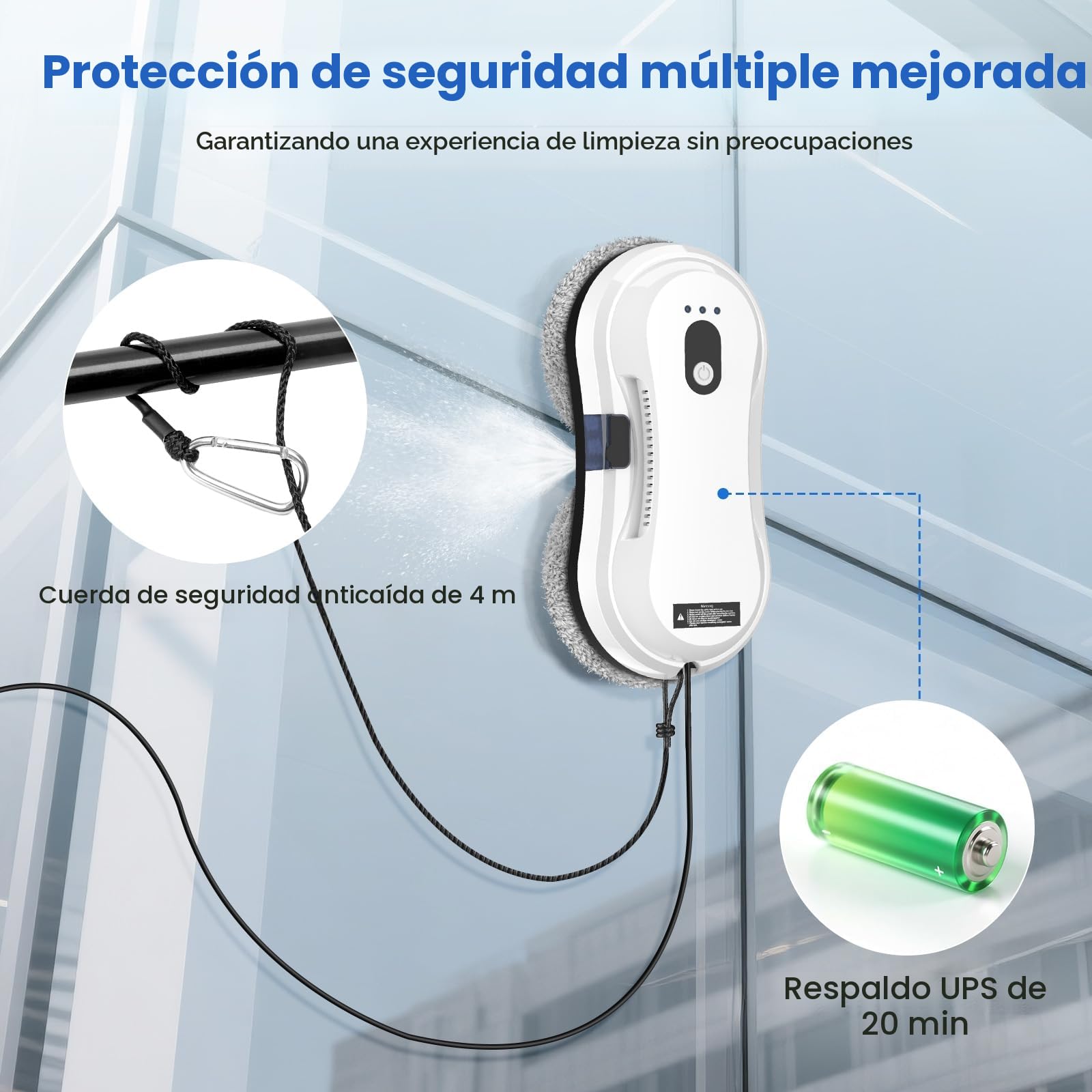 Robot Limpiacristales, Limpia Cristales Eléctrico Ventanas con Spray de Agua, Mando a Distancia, Robot Limpia Cristales, Sistema UPS Anticaída, Navegación Inteligente, Detección de Bordes, 10 Paños