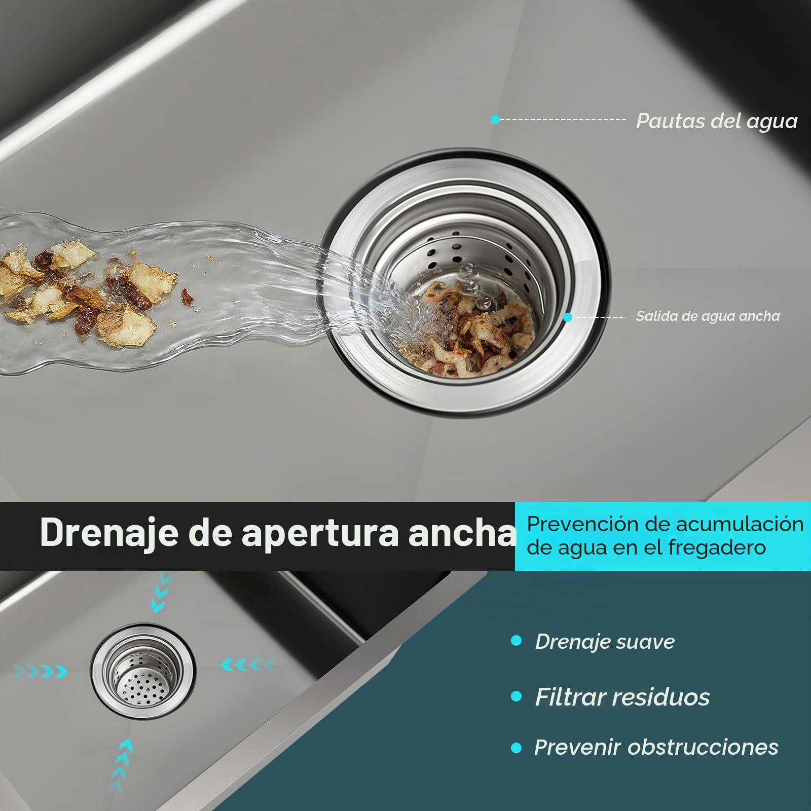 Fregadero de acero inoxidable de 50 x 45 cm, color negro con grifo extraíble y lavavajillas para tazas, fregadero de cocina multifuncional, 1 lavabo, fregadero empotrable con tubo de drenaje