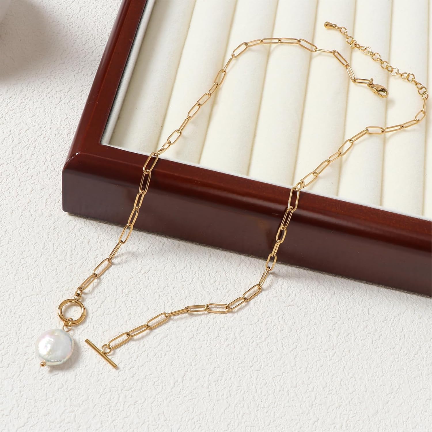 Pearl Gemstone Pendant Paperclip Toggle Necklace 18k Gold Plated Natural Pearl Stone Birthstone Chain Necklace Paperclip Jewelry Valentine's Day Gift for Women - Image 3