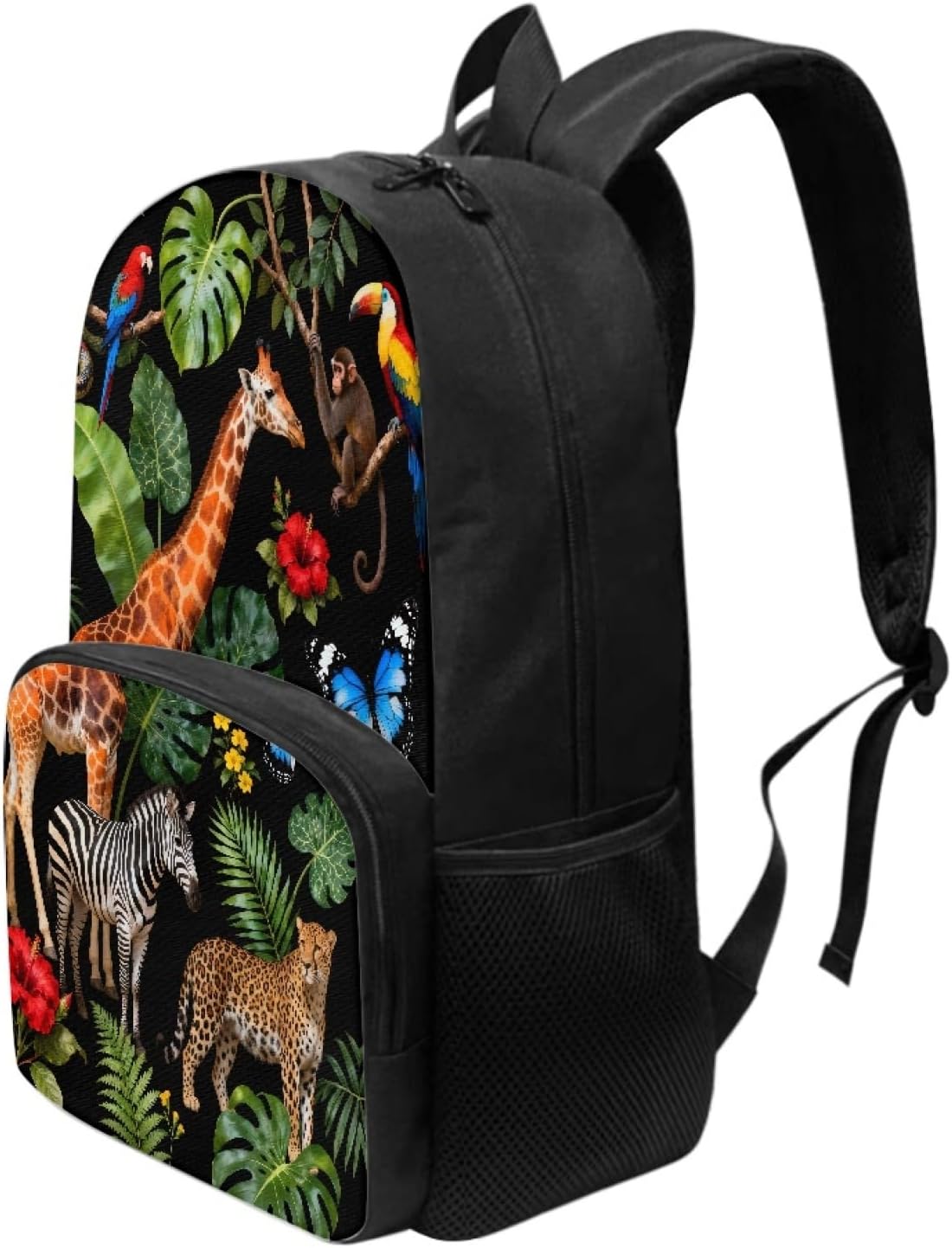 17" African Jungle Animals Backpack Teens Boys Girls Middle High Kawaii Giraffe Zebra Leopard School Bag Splashproof Lightweight Bird Monstera Leaves Bookbag