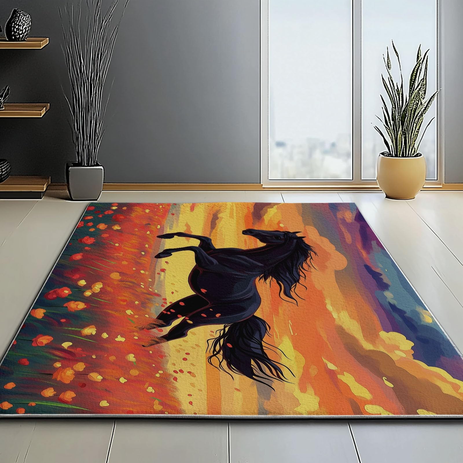 Lavabile in Lavatrice Tappeto per Soggiorno Camera da Letto Ufficio Decorazione 120 x 180 cm, Cartoni Animati Animali Floreale Prato Tema Flanella Tappeti con Supporto Antiscivolo, Arancia