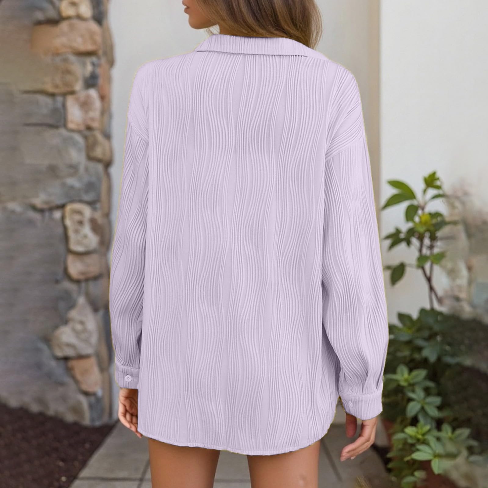 Women's Elegant Long Sleeve Jacquard Blouse Casual Comfortable Shirt for Daily Vacation Spring Summer (Light Purple, L)