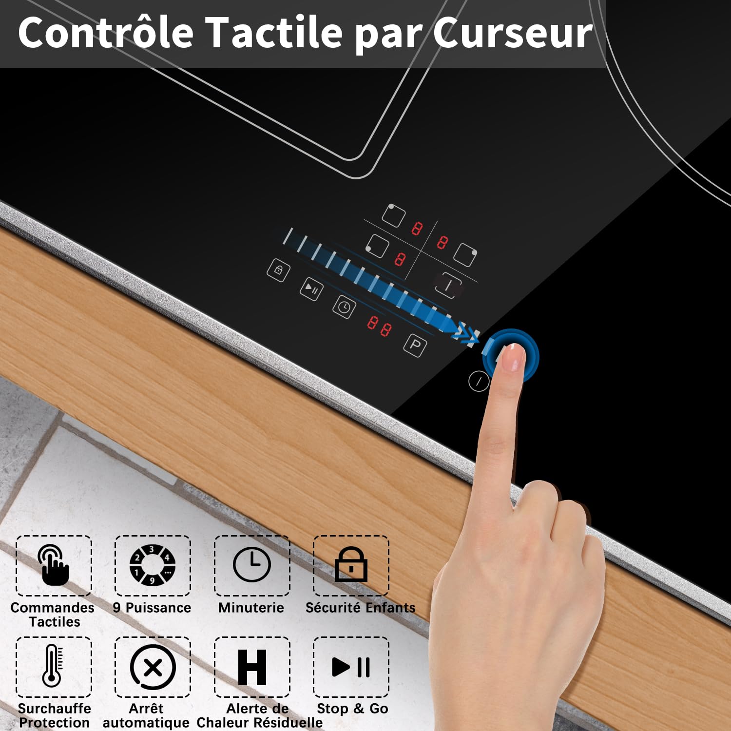 Plaque Induction 3 Feux avec Cadre, Table de Cuisson Induction 60cm Encastrable, 6800W, Commande Tactile à Curseur, Bord Inox, Zone Flexibles pour le Grille, Sans Fiche, 240V