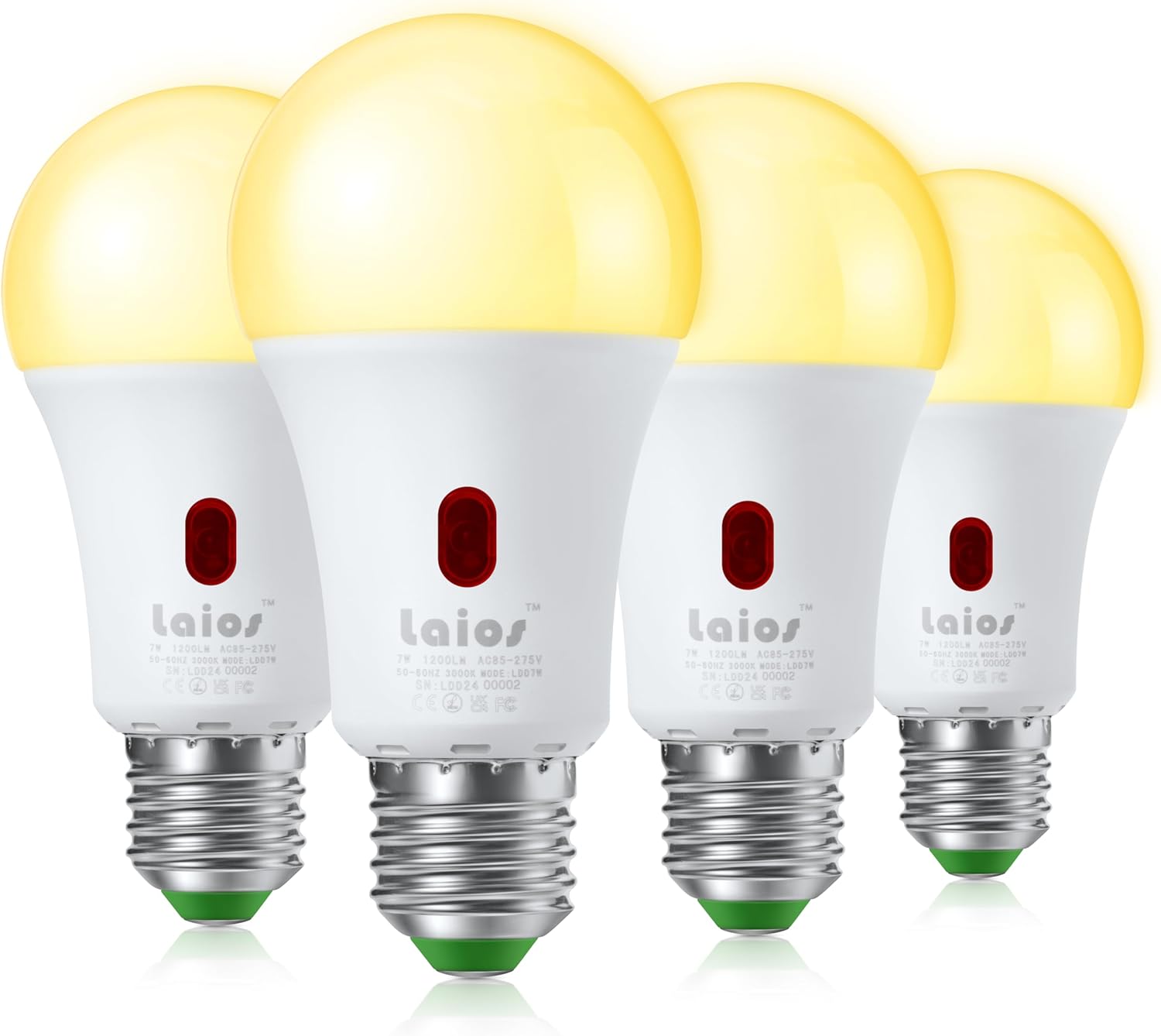 Laios Dusk to Dawn Sensor E26 Light Bulb, 7W LED Outdoor Photocell Lighting Bulb, 1200lm Equivalent 60W, Soft White(2700K), Auto ON/Off with Light Sensor, Pack of 4